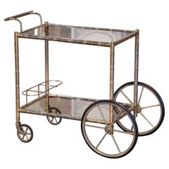 Carrito de bar francés de principios del siglo XX de latón plateado e imitación de bambú estilo Bagues