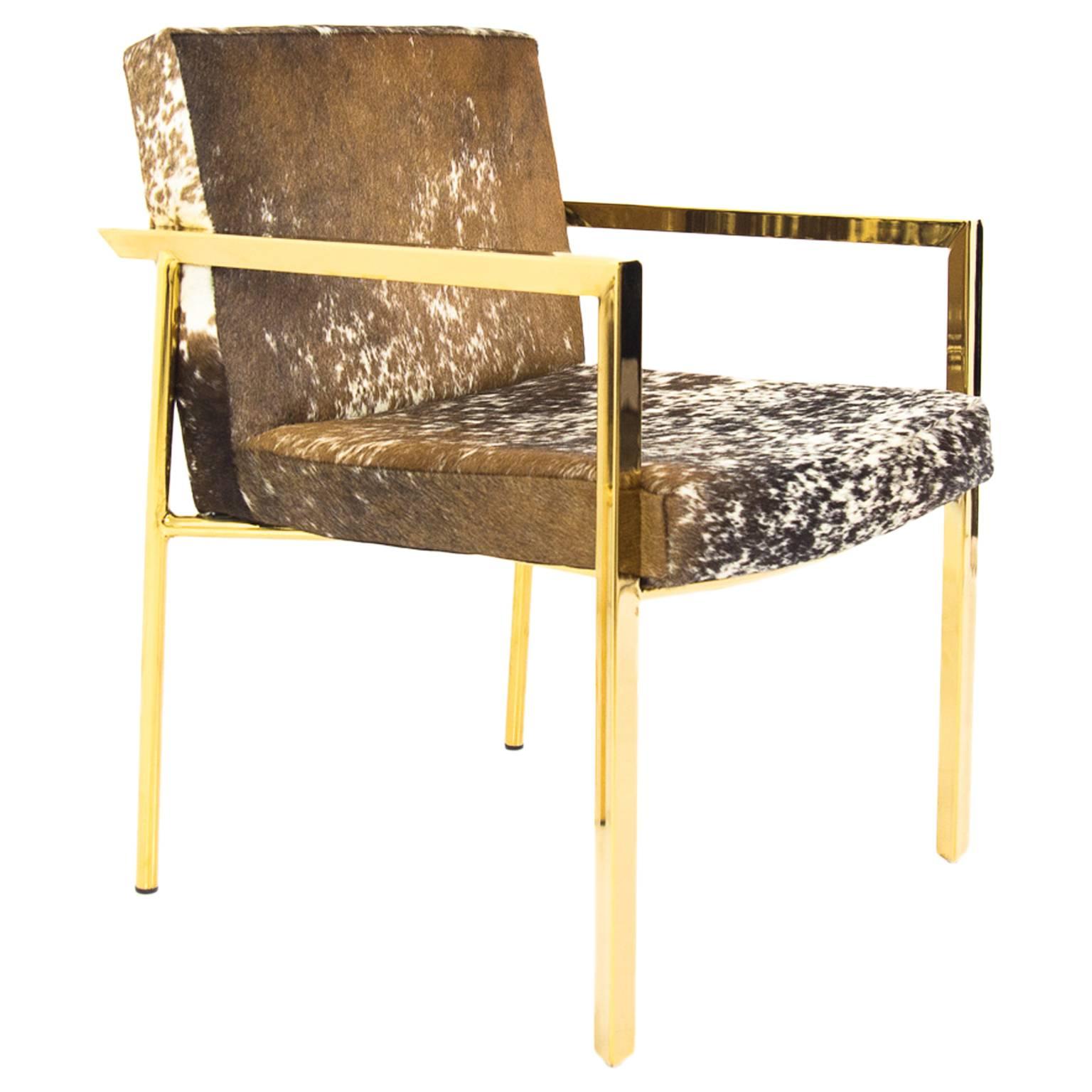 Modern Style Argentina Dining Chair in Cowhide w/ Pitched Back & Brass Frame For Sale