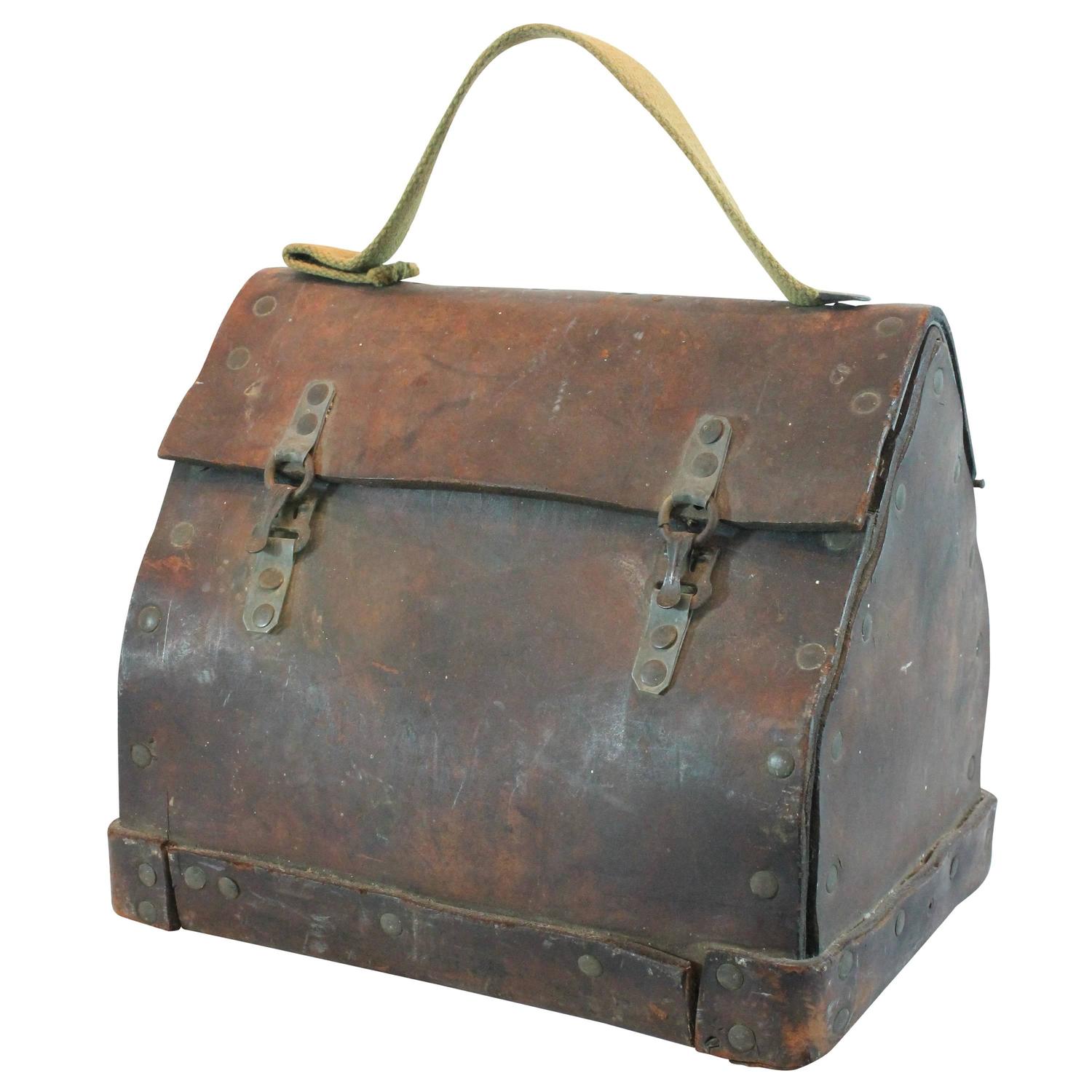 Early 20th Century Folk Art Handmade Leather Lunch Box Pail For Sale at