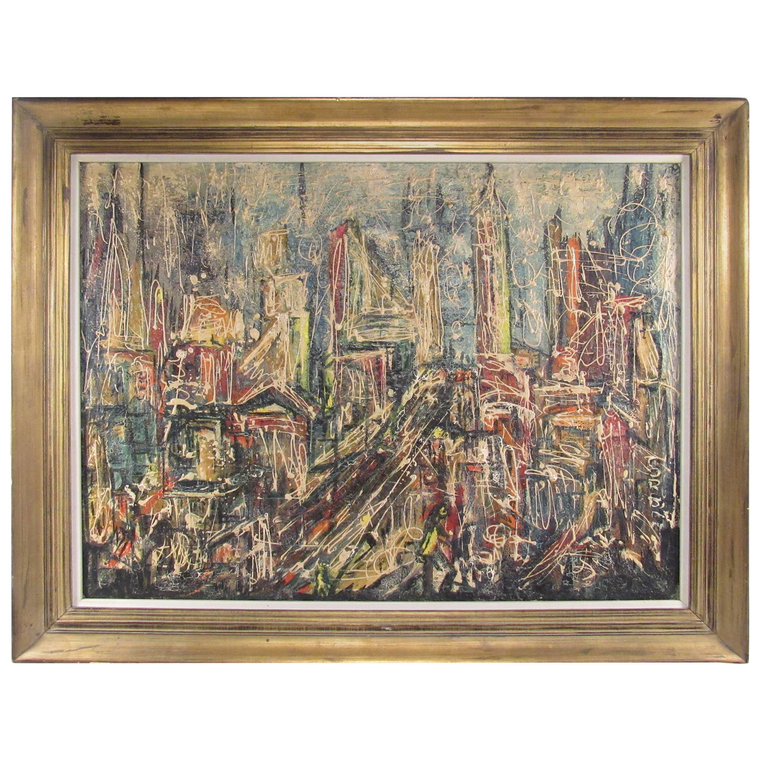 Mid Century Abstract Skyline Painting by David T. Corson