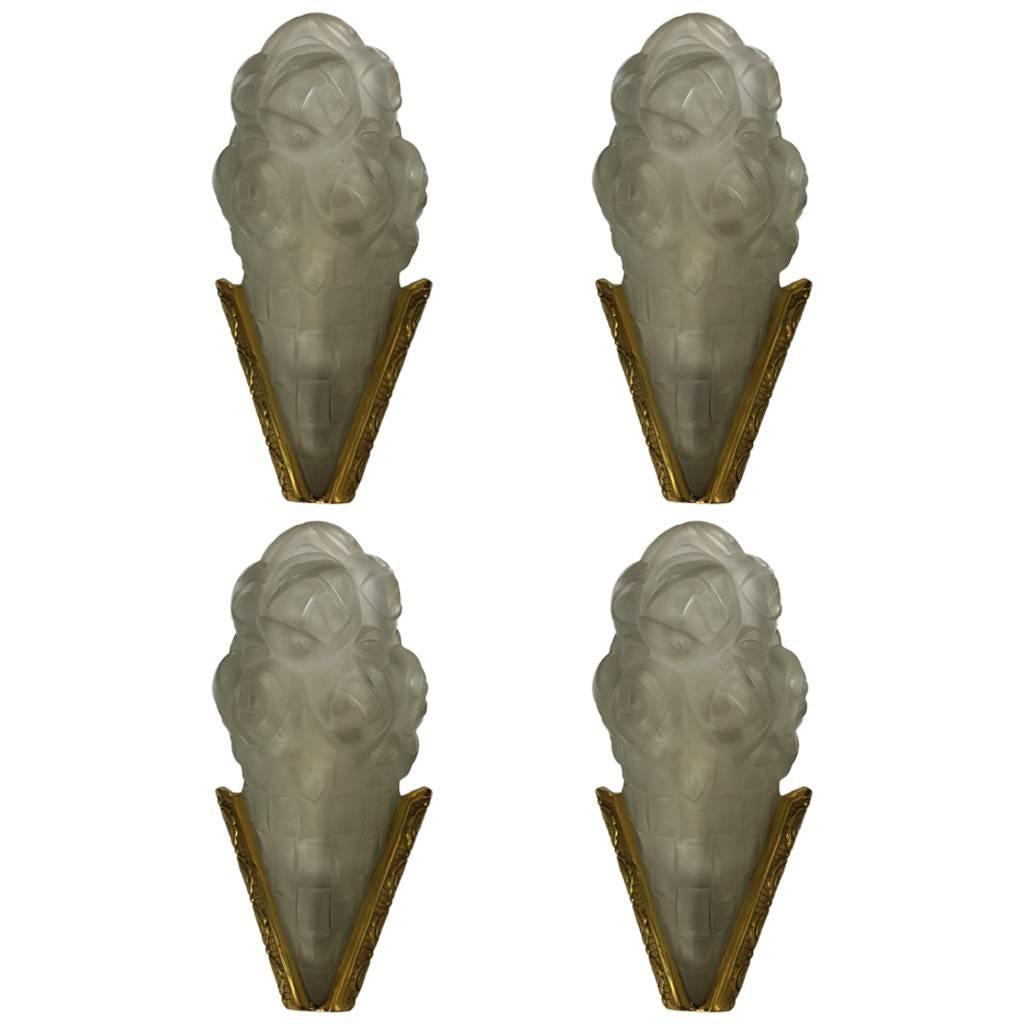 Set of Four French Art Deco Sconces Signed  by Degue For Sale