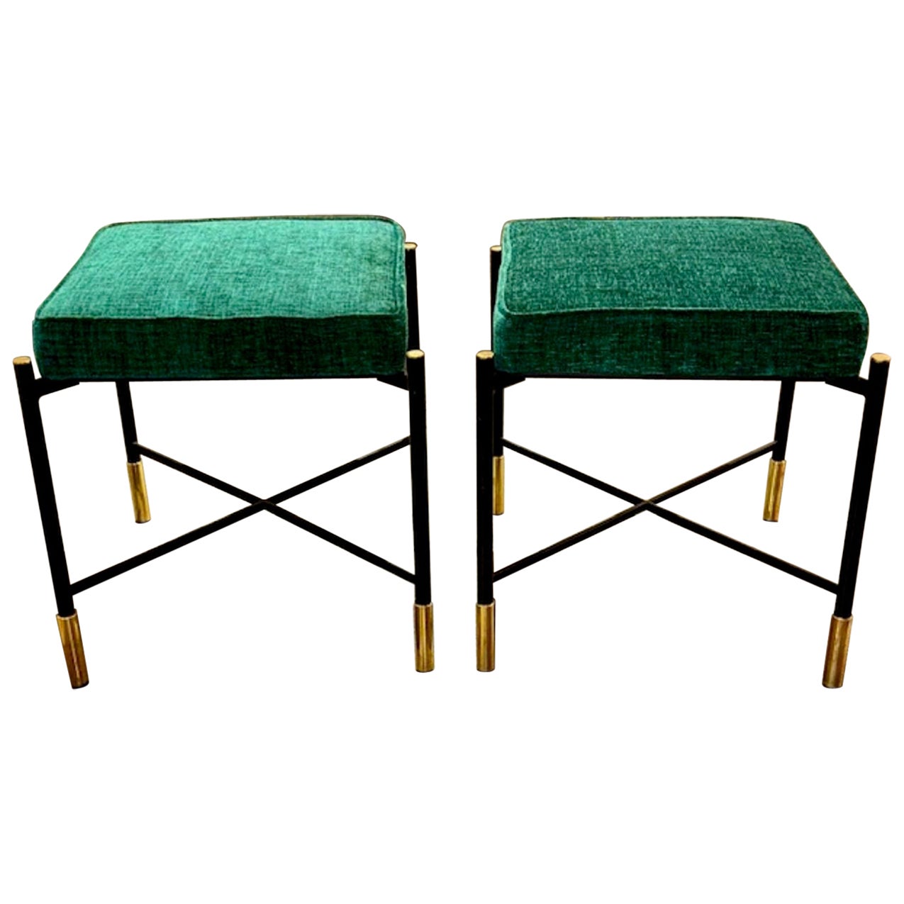 Pair of Modern Italian Designer Black Steel and Brass Benches
