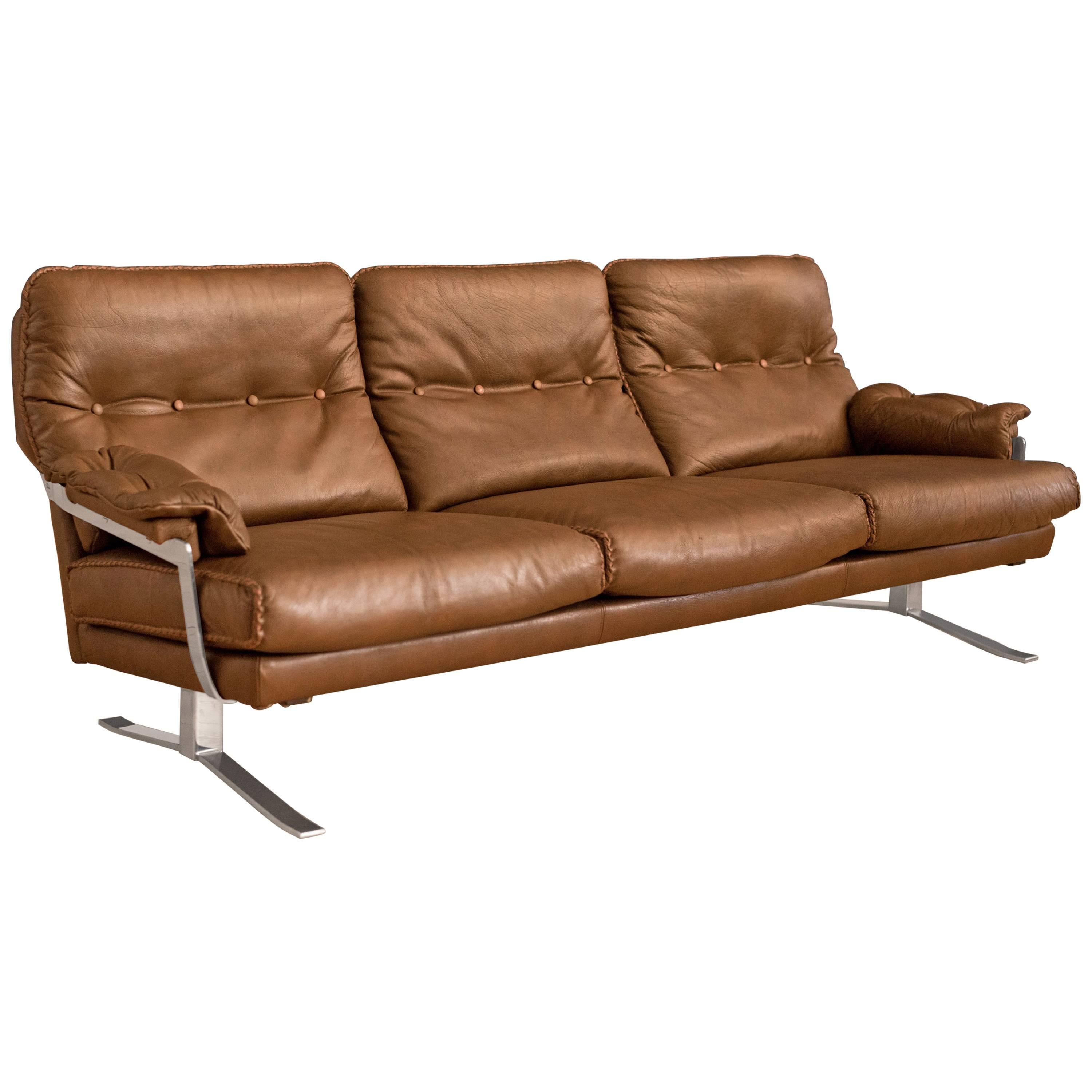 Vintage Hand-Stitched Leather and Chrome Sofa