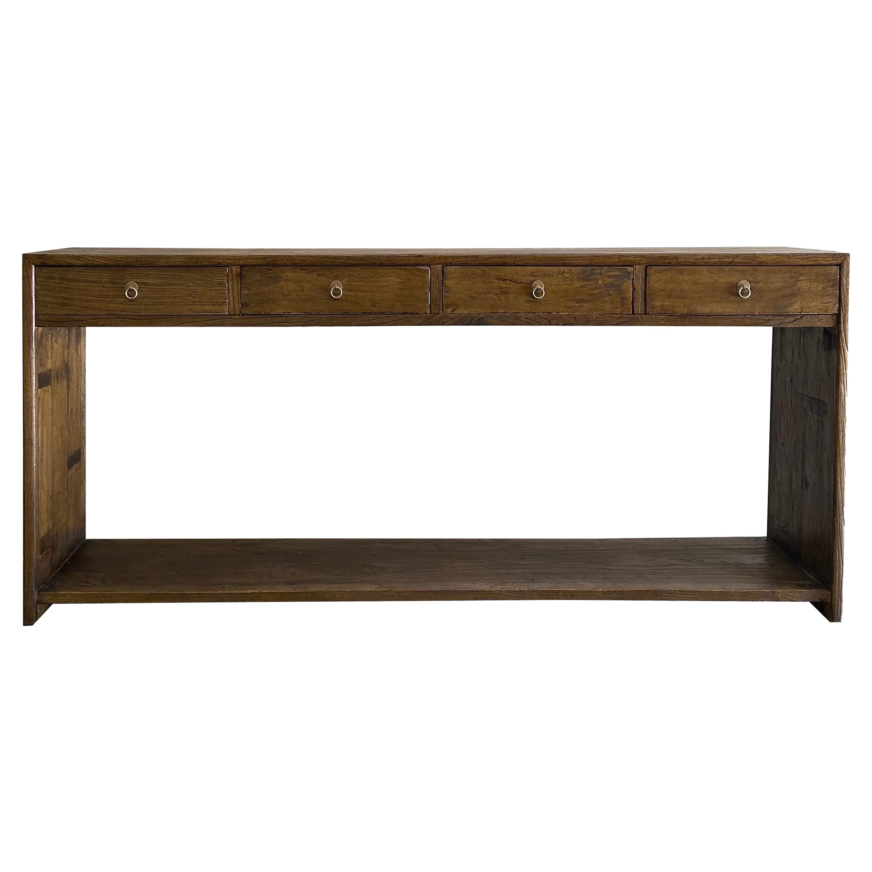 Console moderne en bois d'orme avec tiroirs en noyer foncé sur mesure