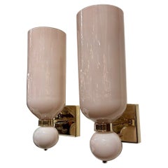 Pair of Modern Pink Murano Glass and Brass Cone Form Sconces