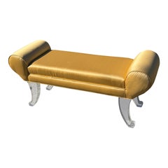 1970’s Gold Silk Upholstered Bench Lucite Legs