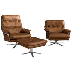 Pair of Hand-stitched Leather and Chrome Lounge Chairs