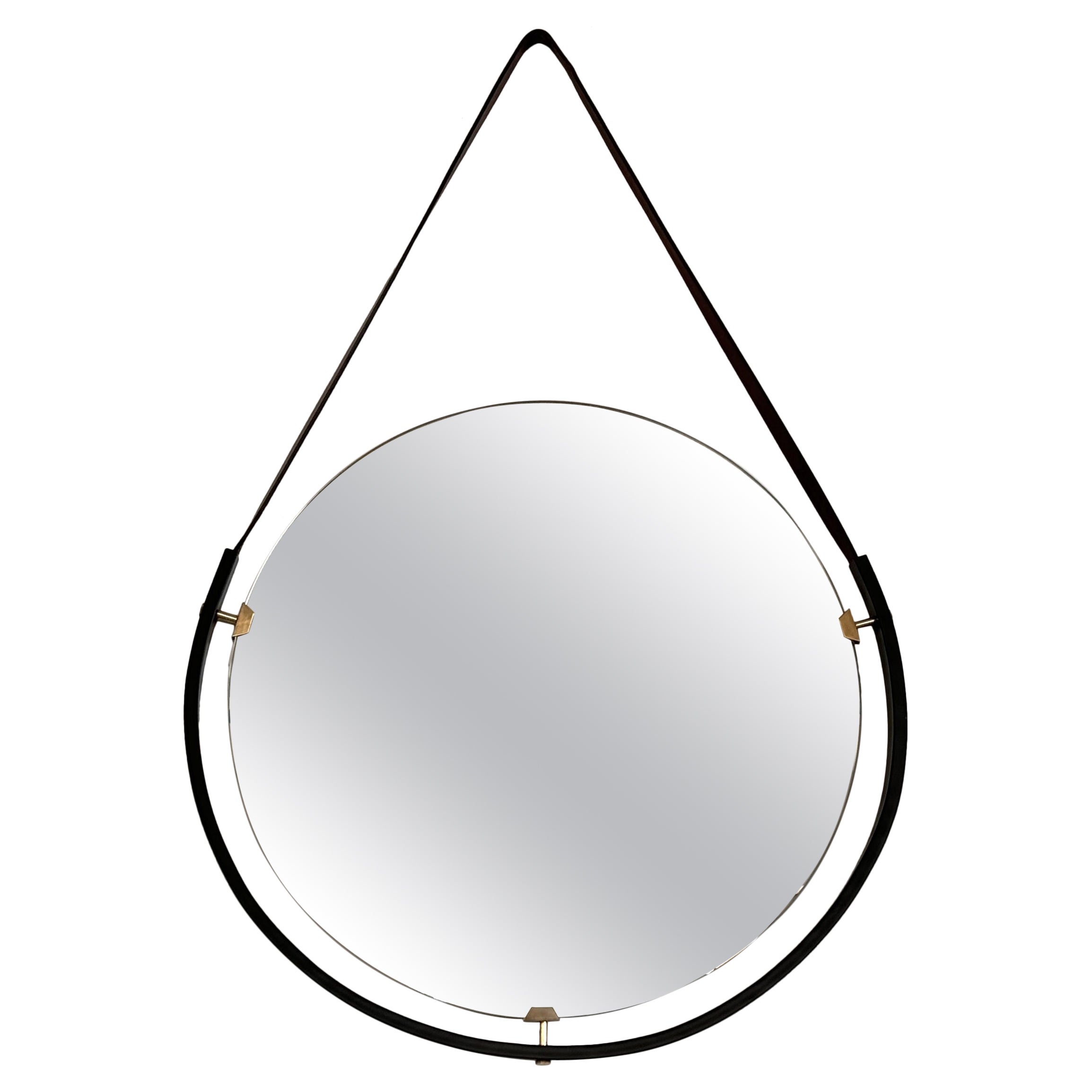 Italian Floating Wall Mirror with Leather Strap and Brass Details, 1960s
