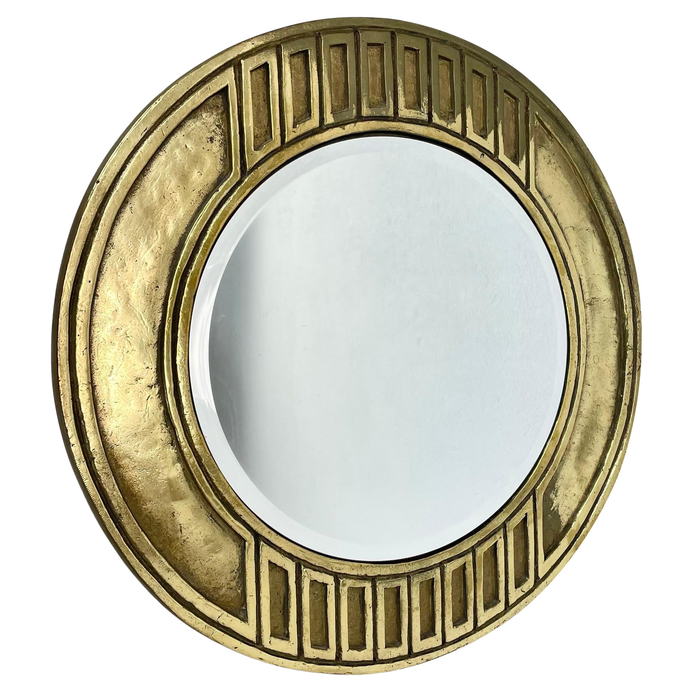 Original large 46cm brutalist 6.9kg solid brass Metal Wall Mirror, ITALY 1970s