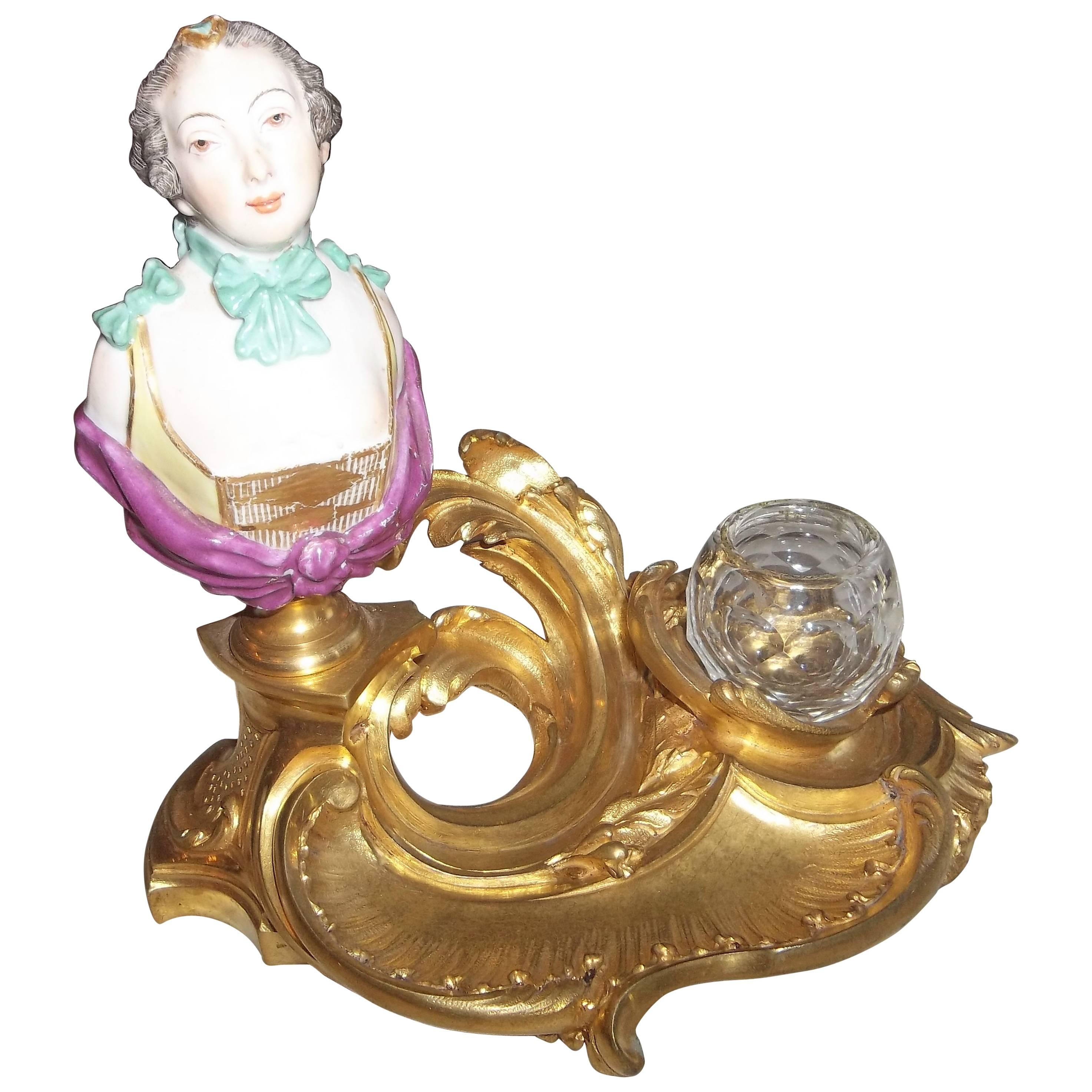 Rococo Style Gilt Bronze Inkwell with Porcelain Bust