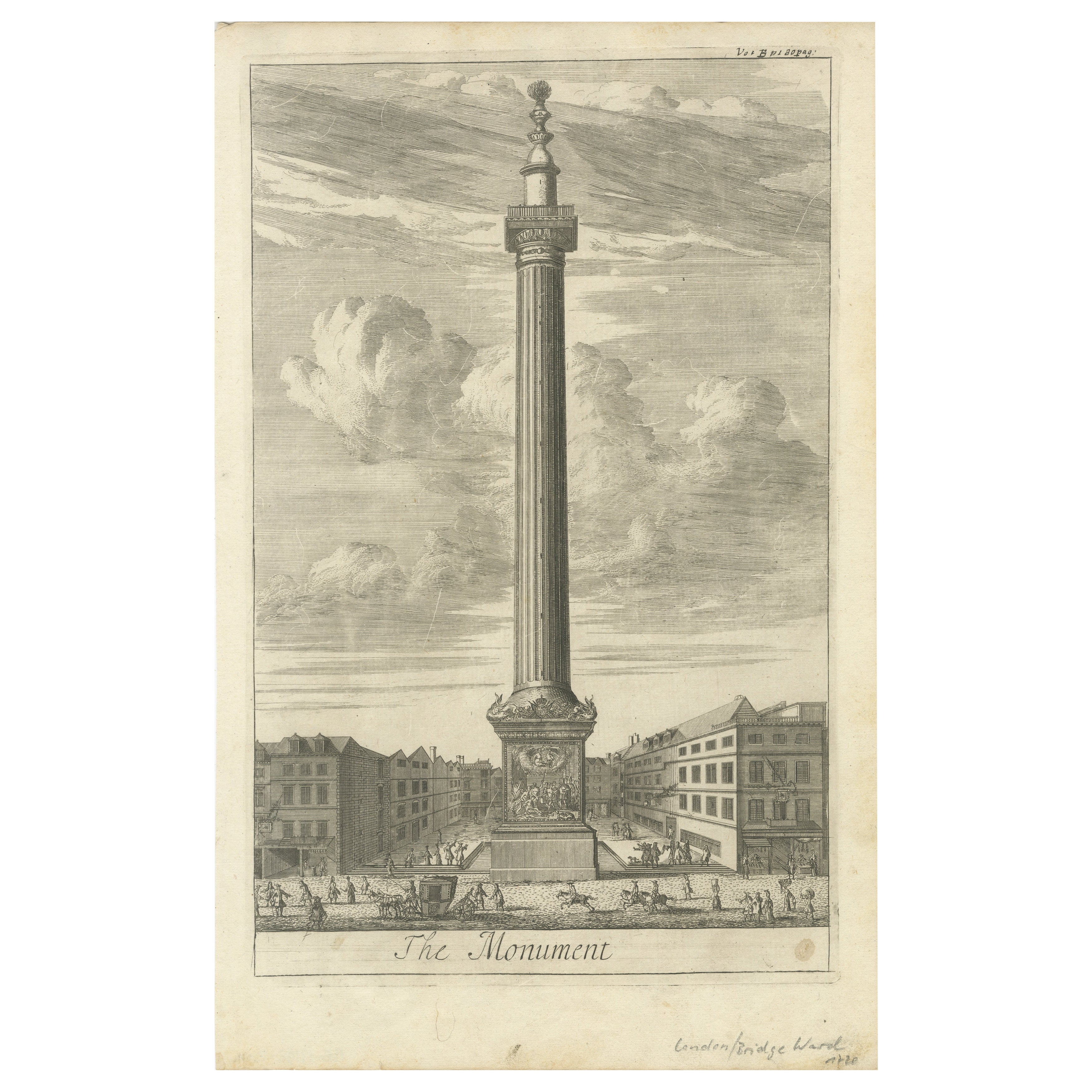 Incisione storica del 1720 del Monumento, London Bridge Ward