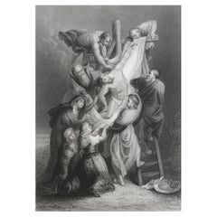 Grabado Original Antiguo Según Rubens, Jesucristo Descendiendo de la Cruz, C.1850