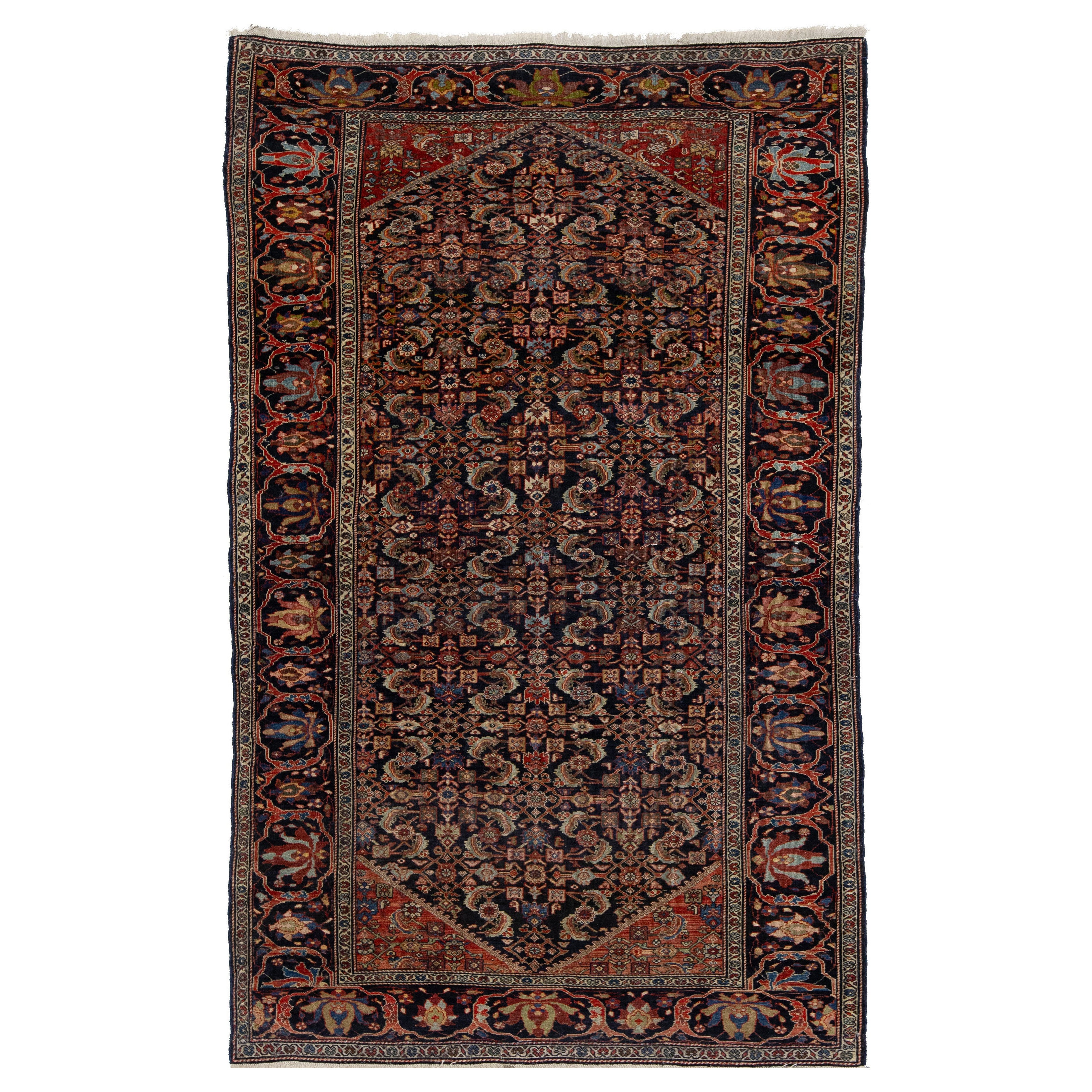 Tapis persan Malayer ancien en laine éparpillée bleu foncé