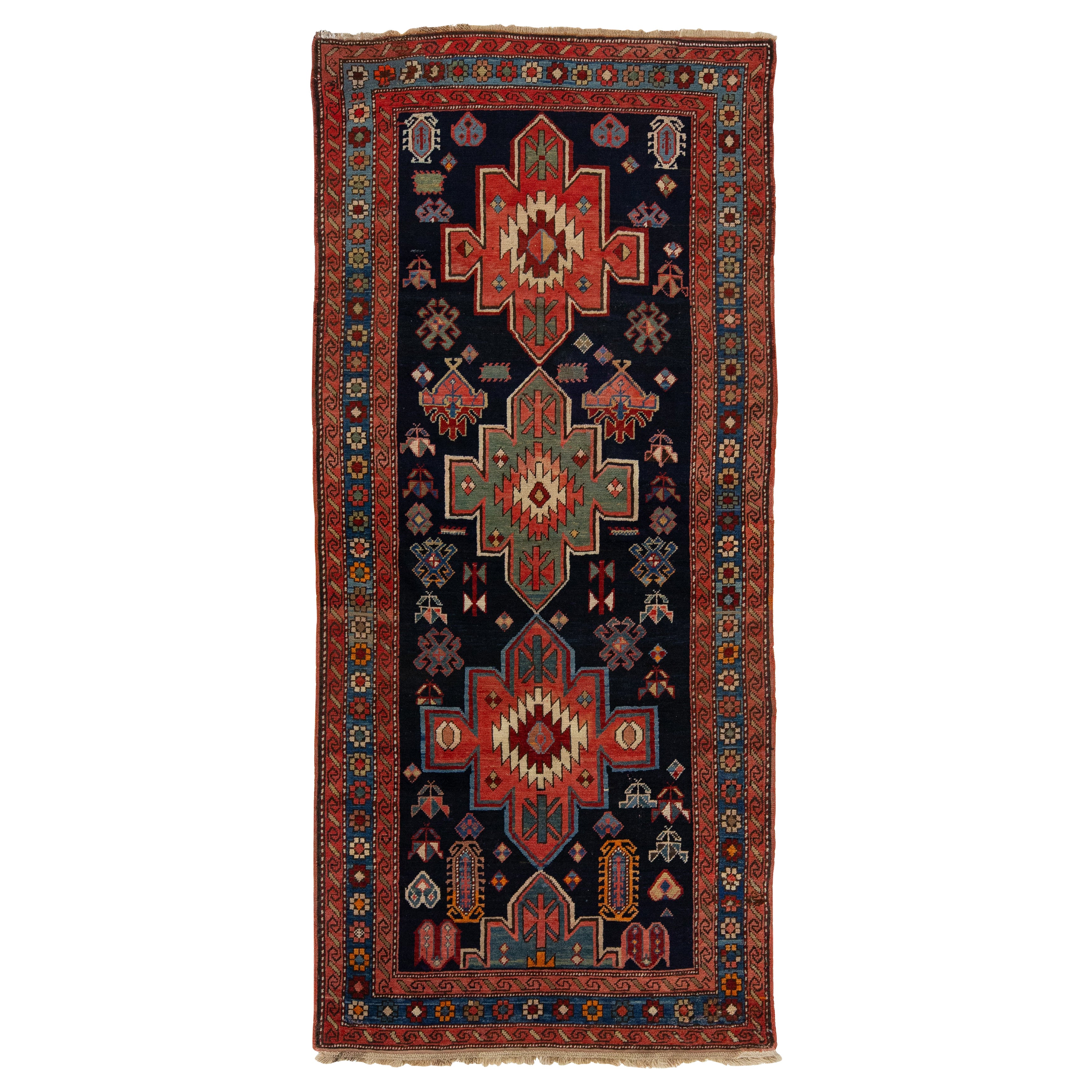 Tapis de couloir bleu antique en laine kurde fait à la main avec motif tribal