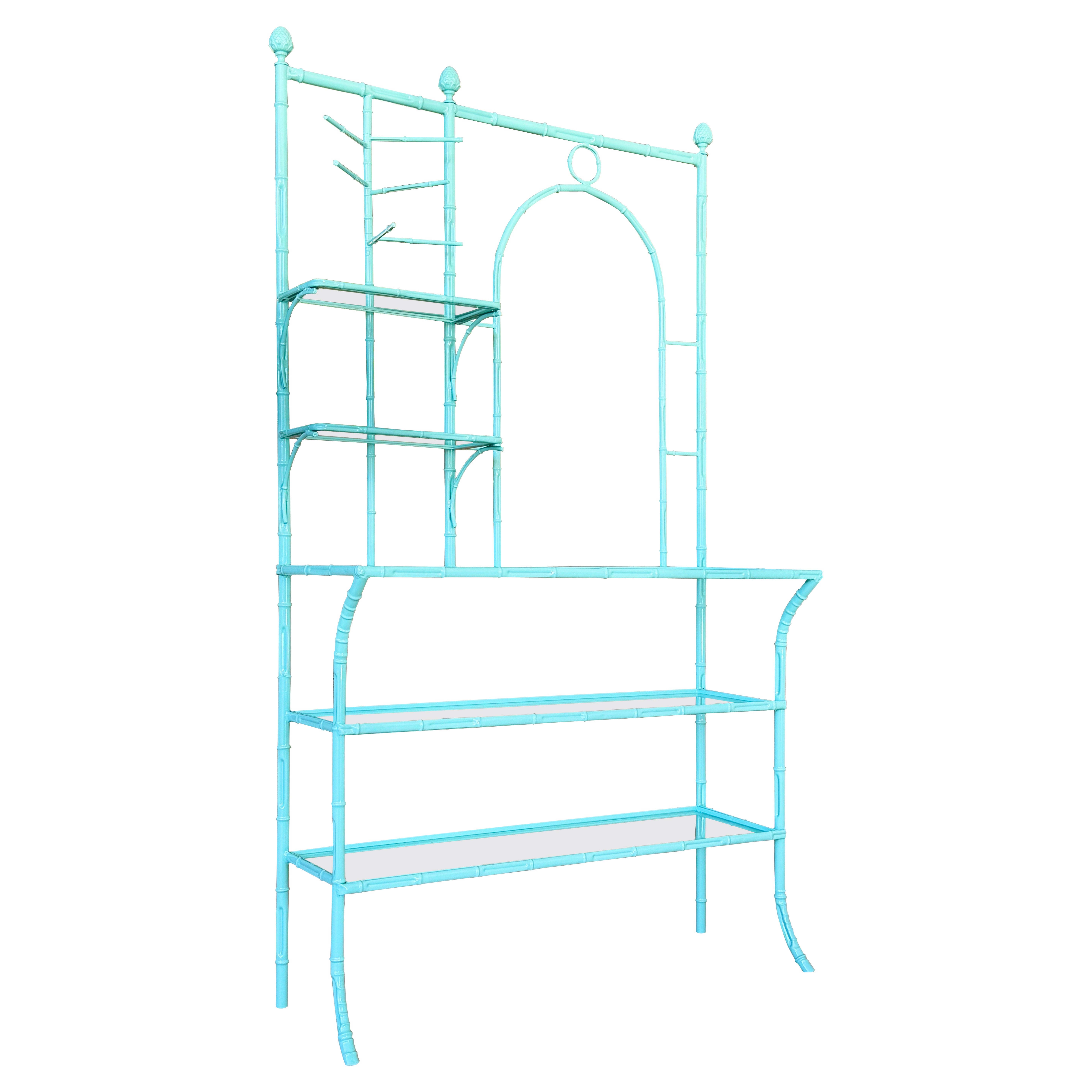 Mid-20th Century Coastal Regency Faux Bamboo Metal Etagere Turquoise