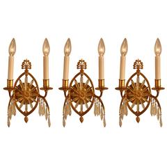 Set of Three 19th Century French Bronze and Crystal Sunburst Wall Sconces