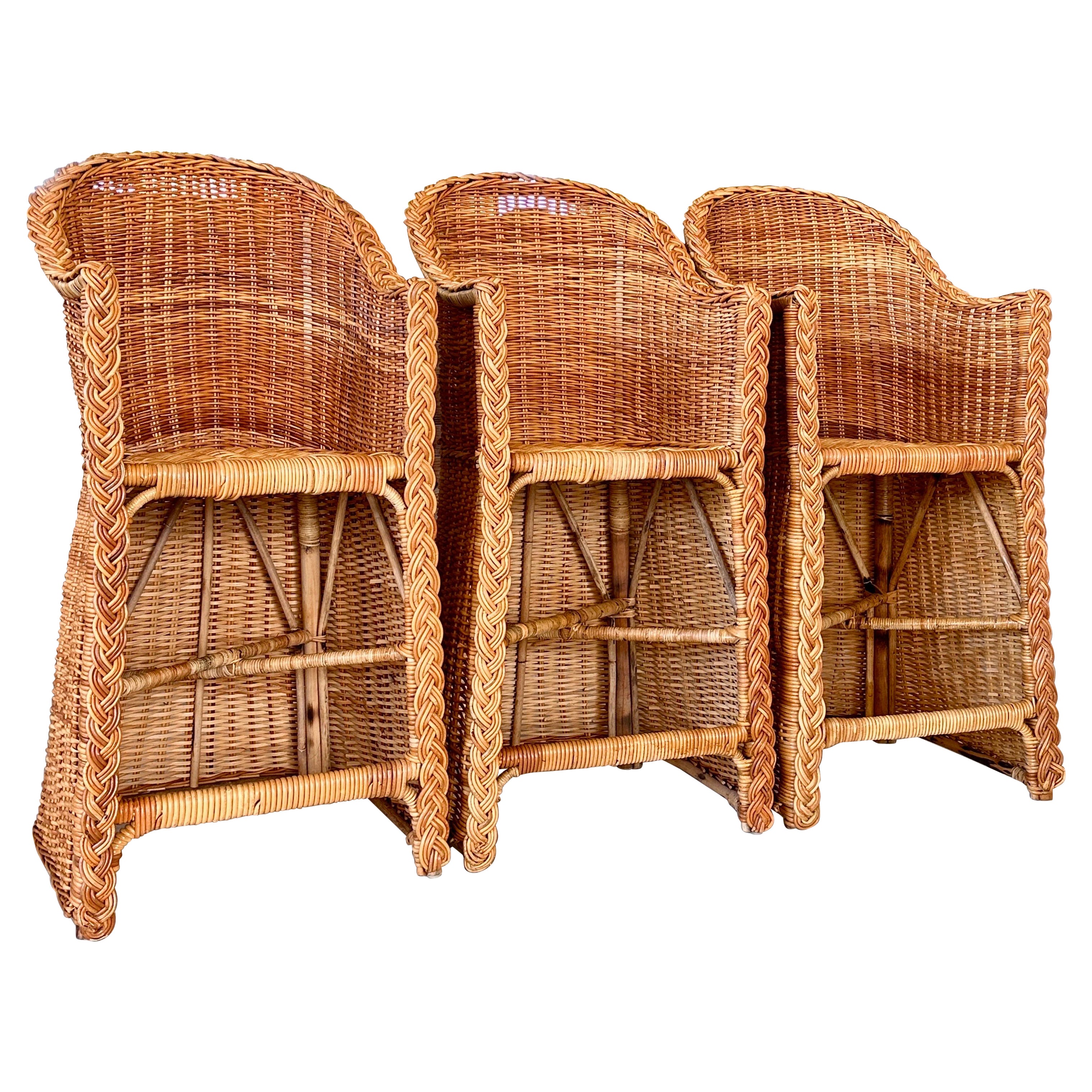 Coastal Large Braid Rattan Bar Stools by Wicker Works Manner of Micheal Taylor 3 For Sale