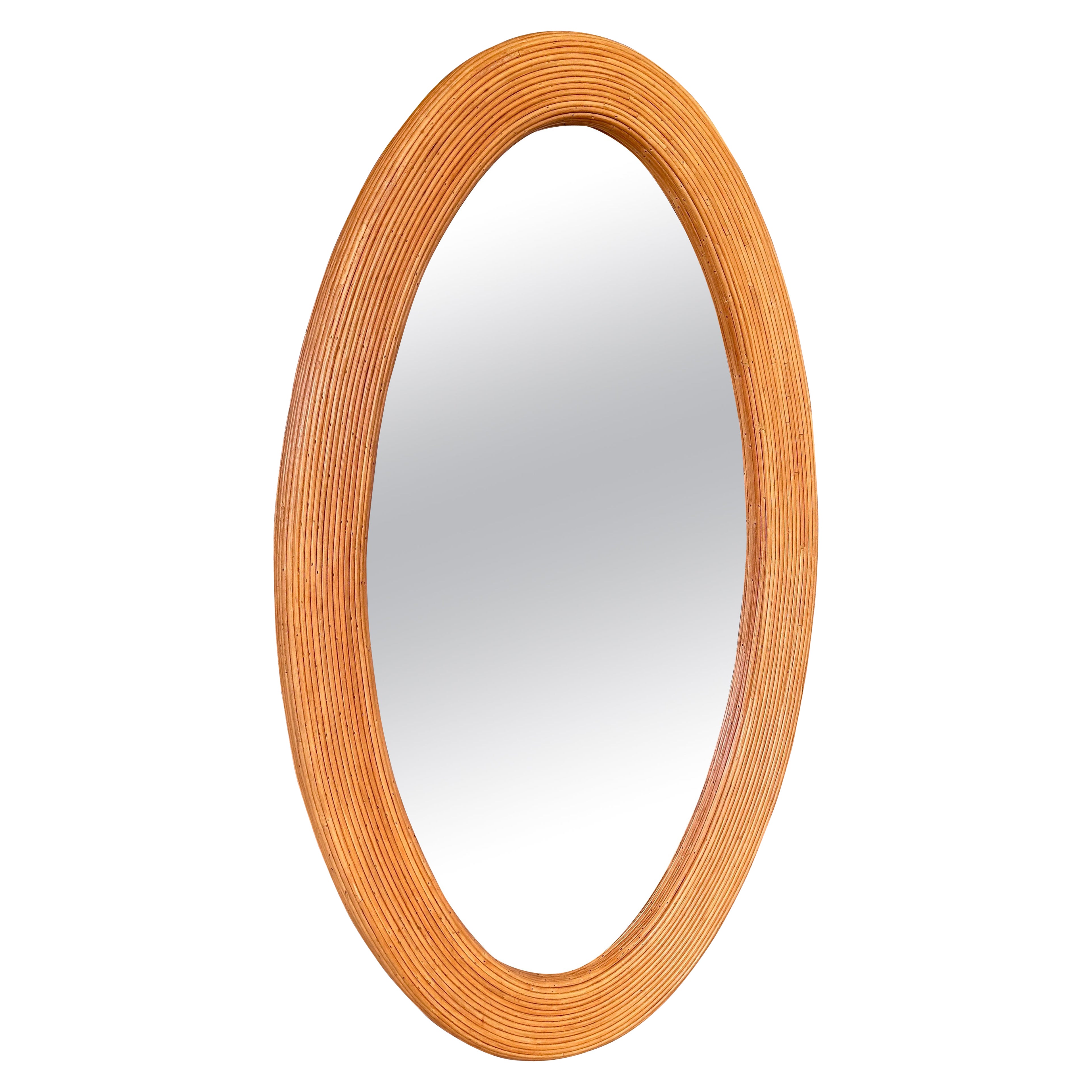 Late 20th century Organic Modern Coastal Pencil Reed Rattan Oval wall Mirror For Sale