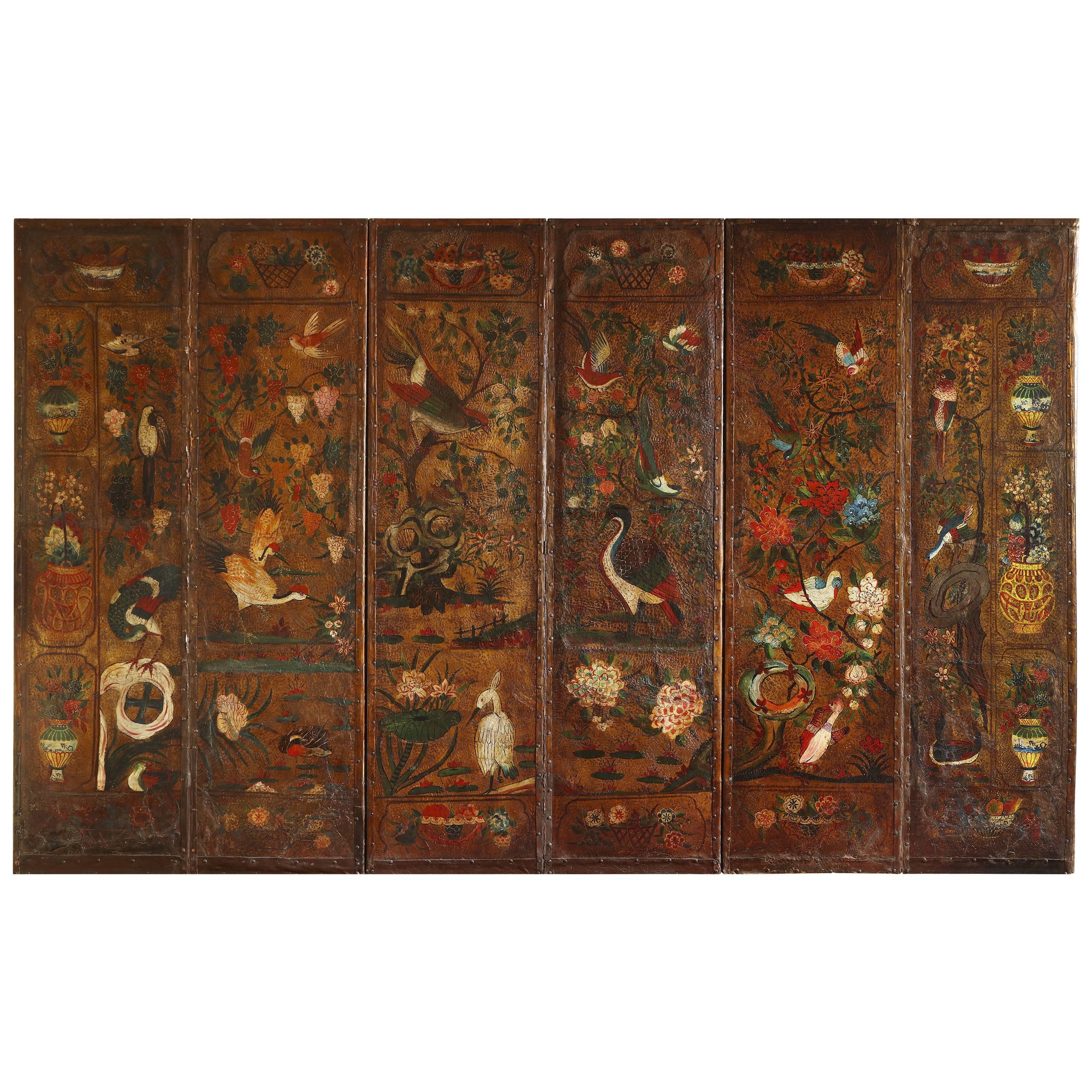 English Six Panel Chinoiserie Polychrome Decorated Leather Screen, circa 1700 For Sale