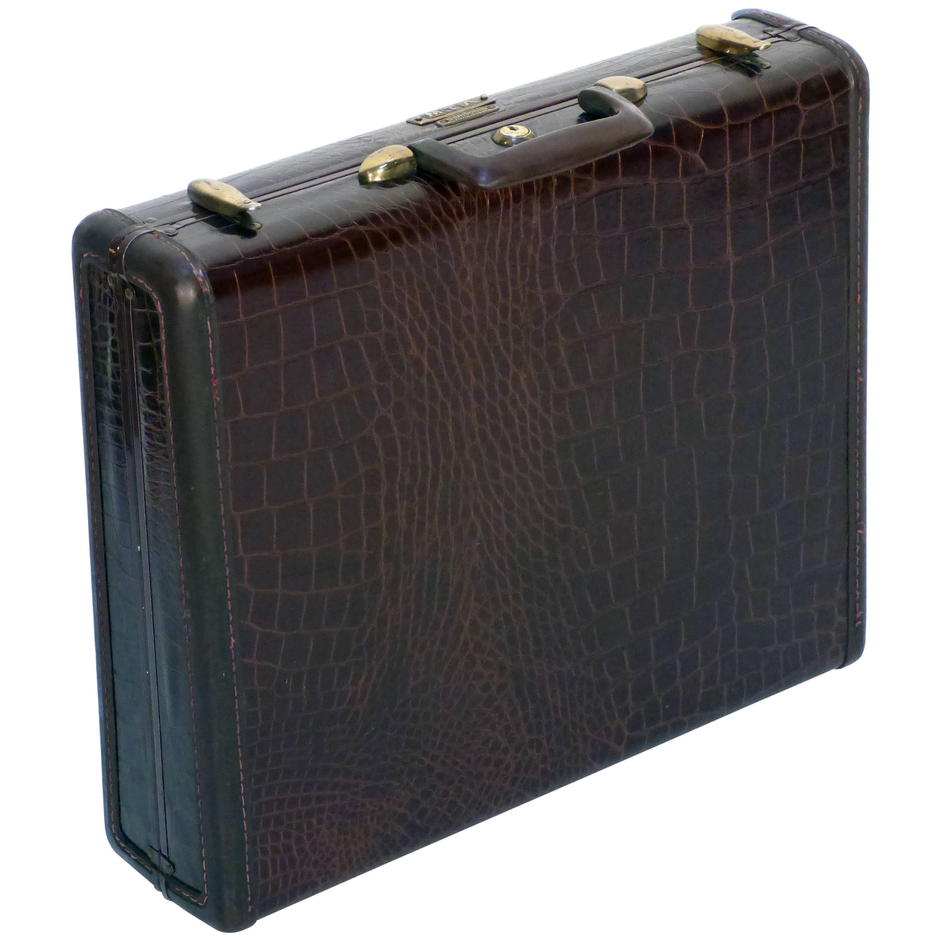 Samsonite Attache Crocodile-Embossed Leather Suitcase from 1950s For Sale