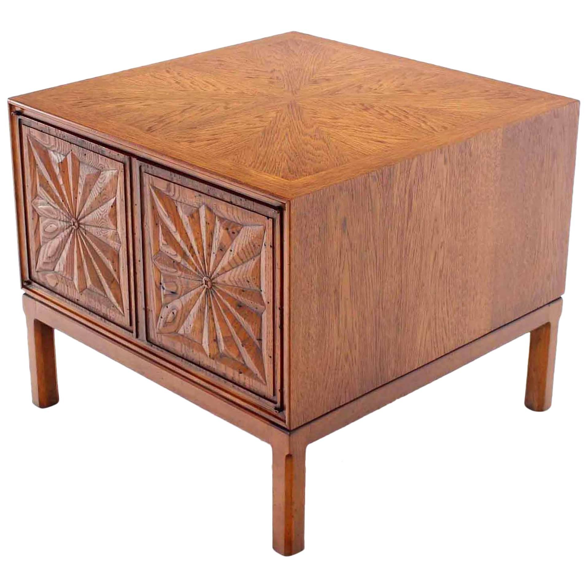 Square Cube Shape Carved Sunburst Front Stand End Table Cabinet Double Doors For Sale