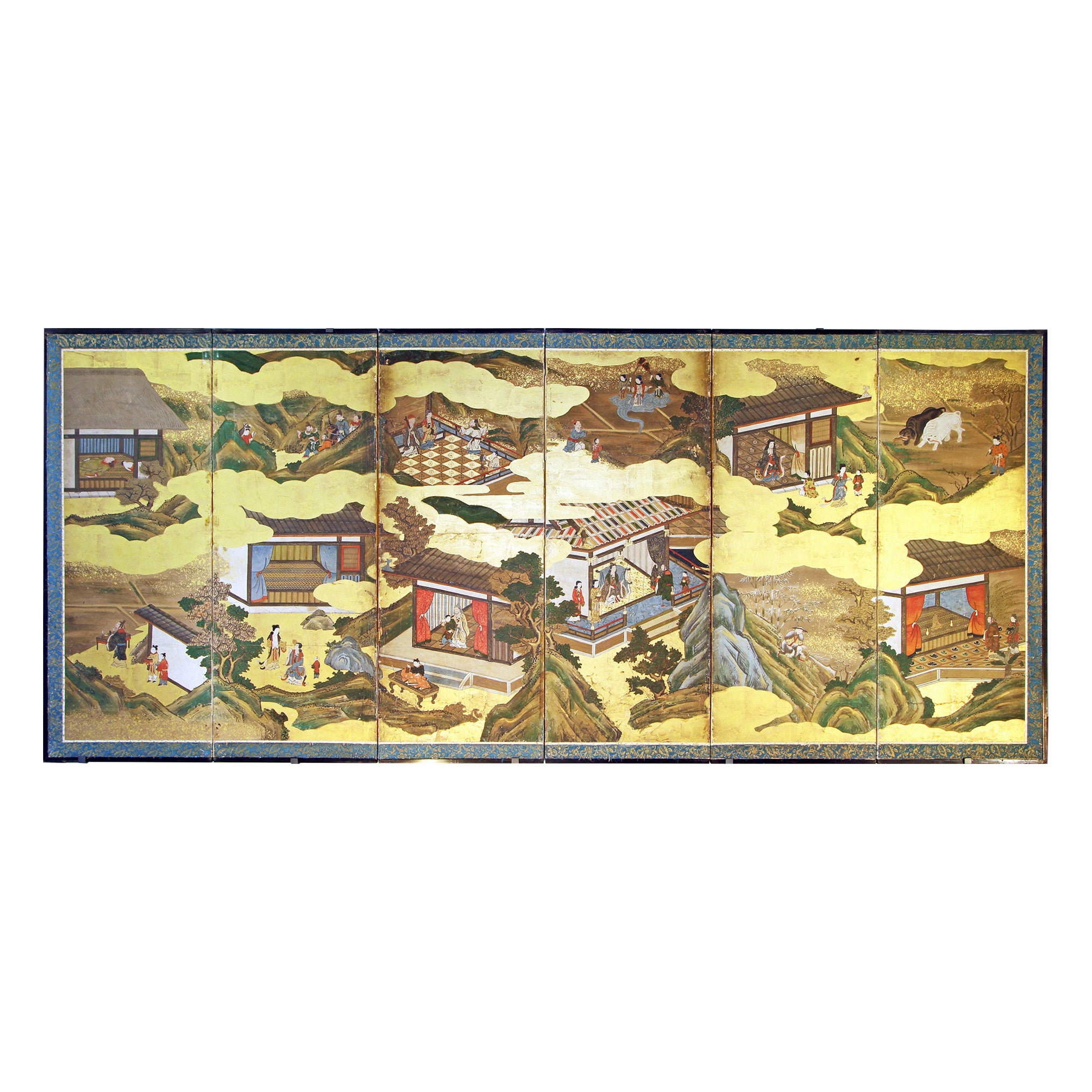 Japanese Tosa School con cornice a sei pannelli a foglia d'oro