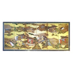 Japanese Tosa School con cornice a sei pannelli a foglia d'oro
