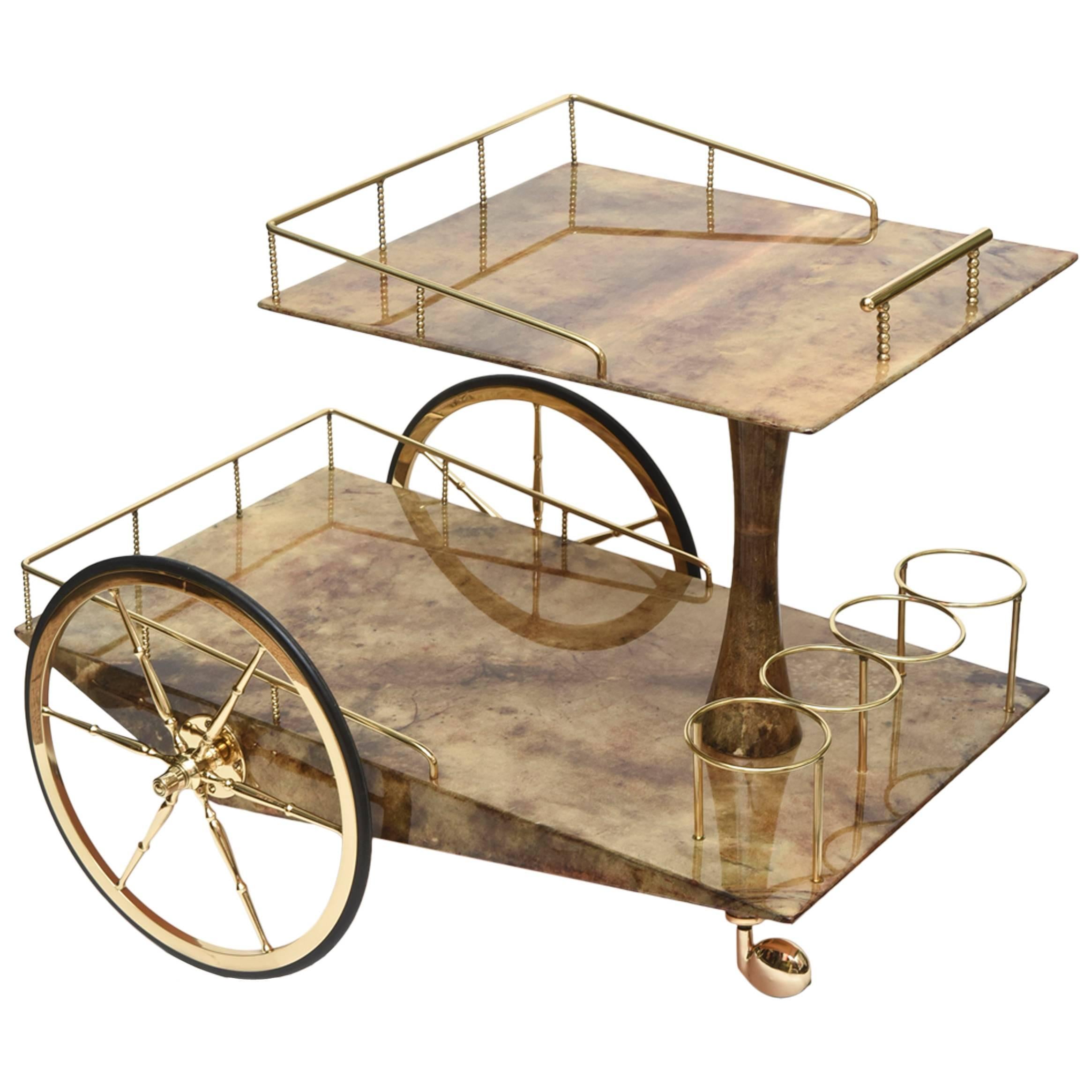 Italian Lacquered Goatskin Two-Tired Bar Cart