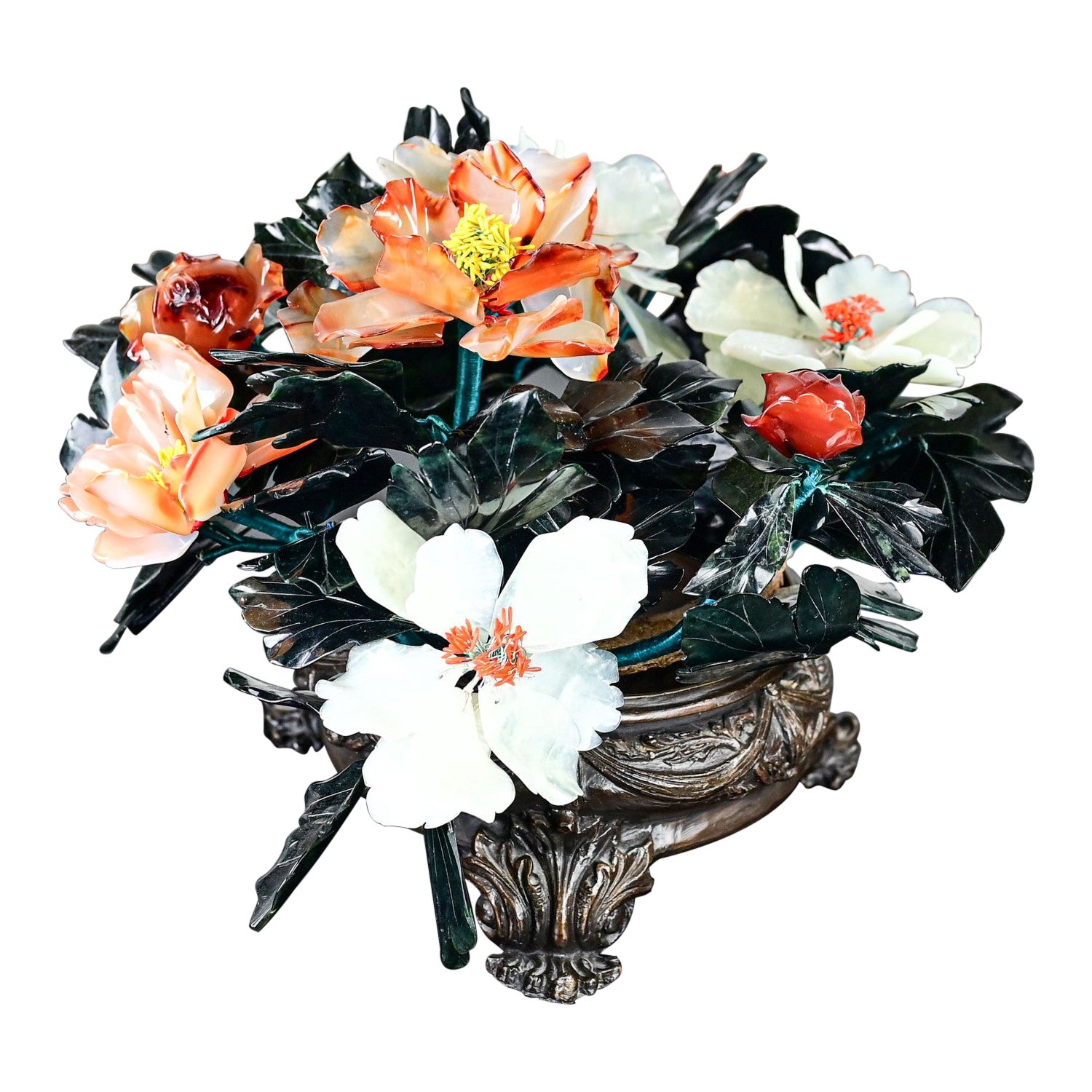 Chinese Hand Carved Carnelian Hardstone Floral Centerpiece & Cast Bronze Base For Sale