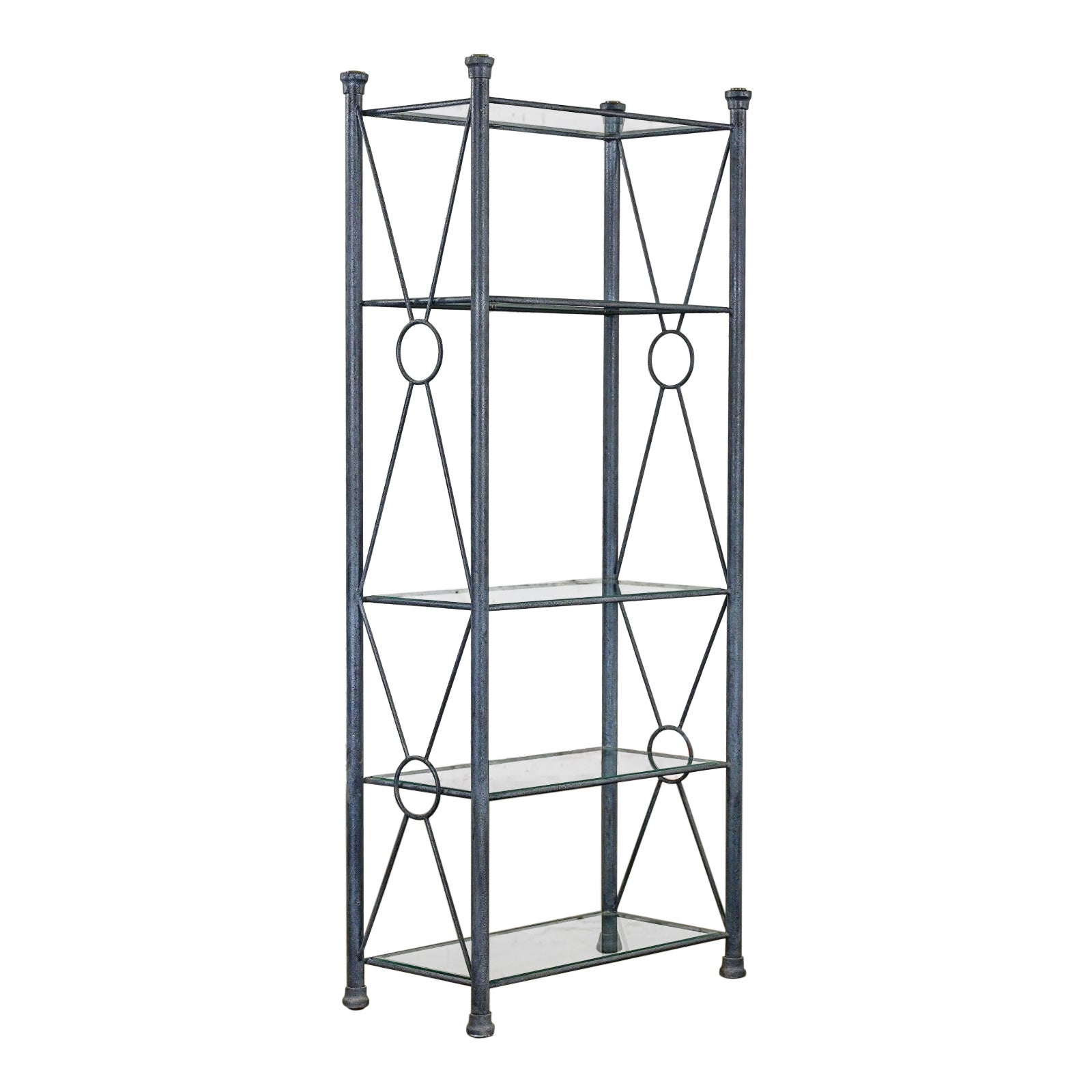 Modern Etagere w/Black & Charcoal Gray Textured Metal Tube Frame & Glass Shelves