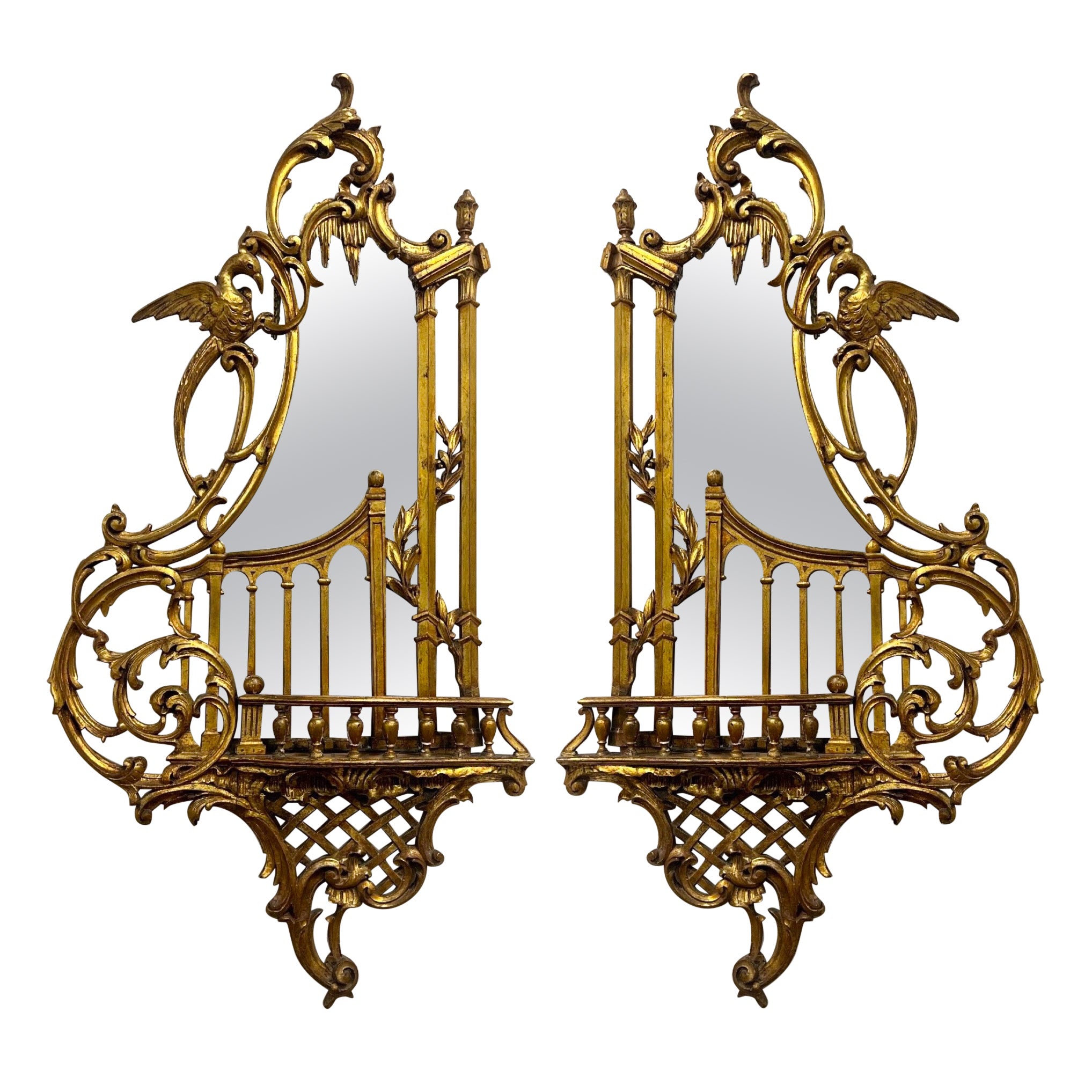 Miroirs muraux italiens géorgiens en bois doré de style Chippendale chinois - 51 pouces S/2