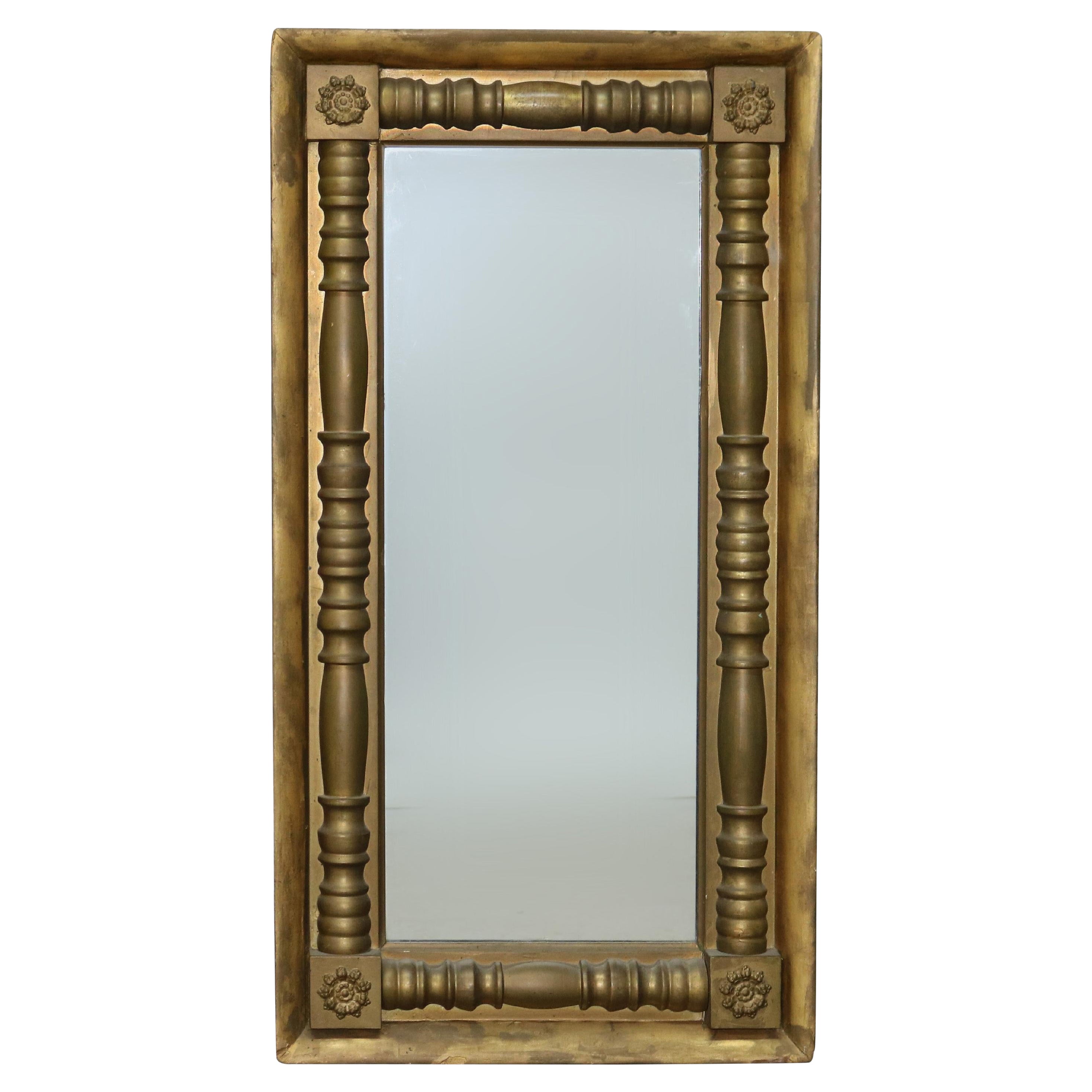 Antique American Empire Giltwood Column Form Wall Mirror with Rosettes C1840
