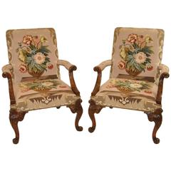 Vintage Pair of Chippendale Armchairs with Needlepoint Seat and Back