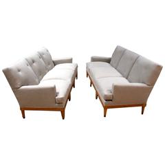 Pair of 1960s French Maison Jansen Blind Tuft Back Upholstered Sofas, France