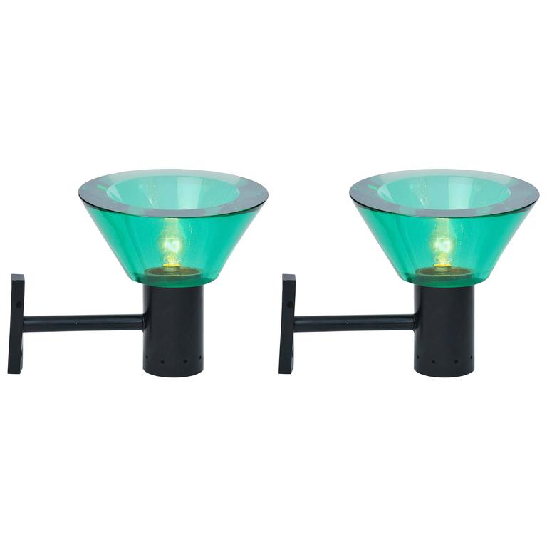 Pair of Seguso Wall Lamps with Emerald Green Glass Shades, circa 1970 at 1stdibs