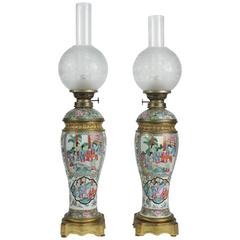 Pair of Chinese 19th Century Oil Lamps in Porcelain and Gold Gilt Bronze. 
