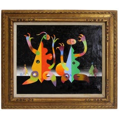 Modern Abstract Surrealist Oil Painting by Seymour Zayon, Joan Miro Style