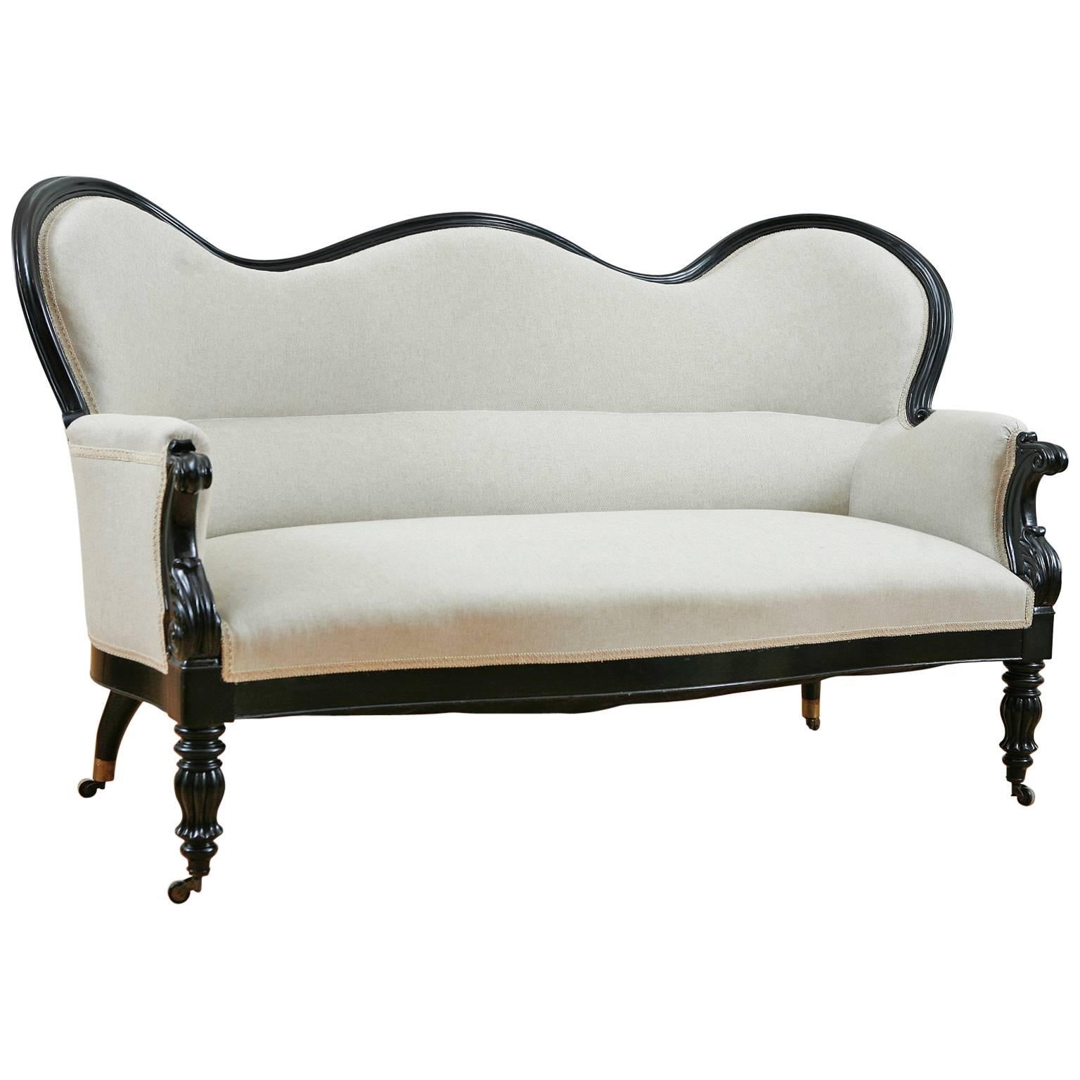 French Napoleon III Upholstered Sofa in Ebonized Wood, circa 1870 For Sale