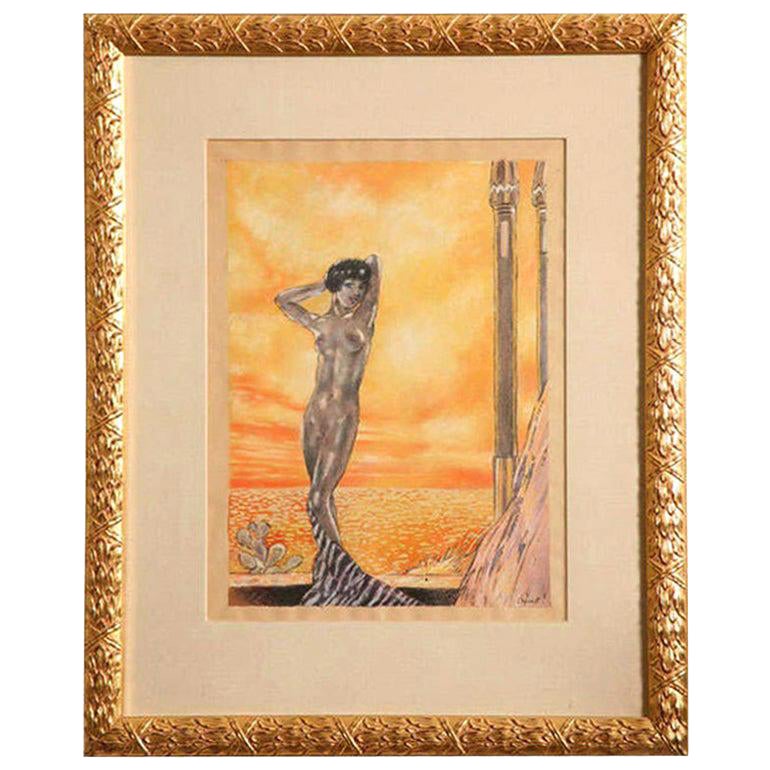 Edouard Chimot Art Deco Aquarell Gelb, Orange, Grau Sonderanfertigung gerahmt Französisch im Angebot