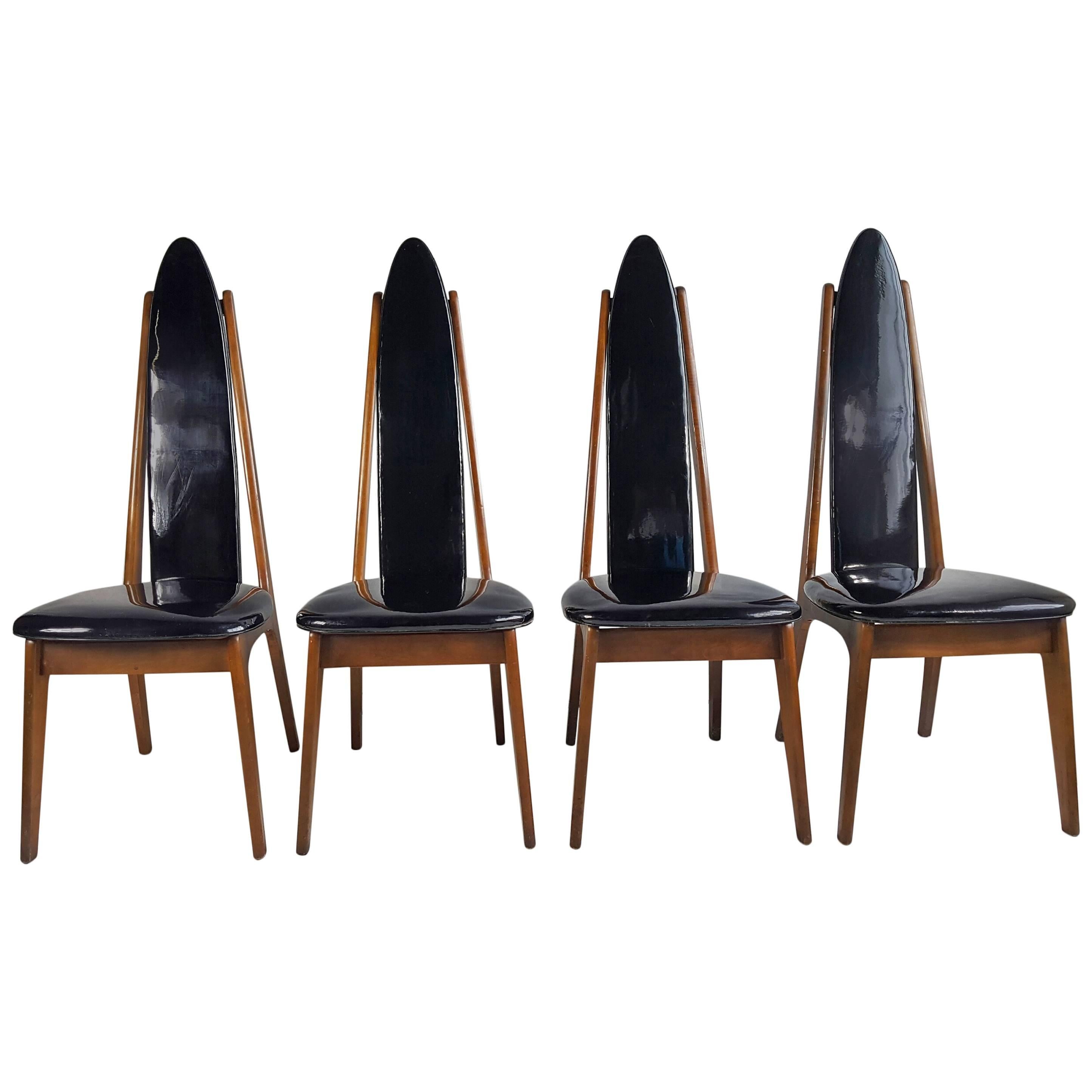 Set of Four Black Patent Leather Modernist Regency Dining Chairs