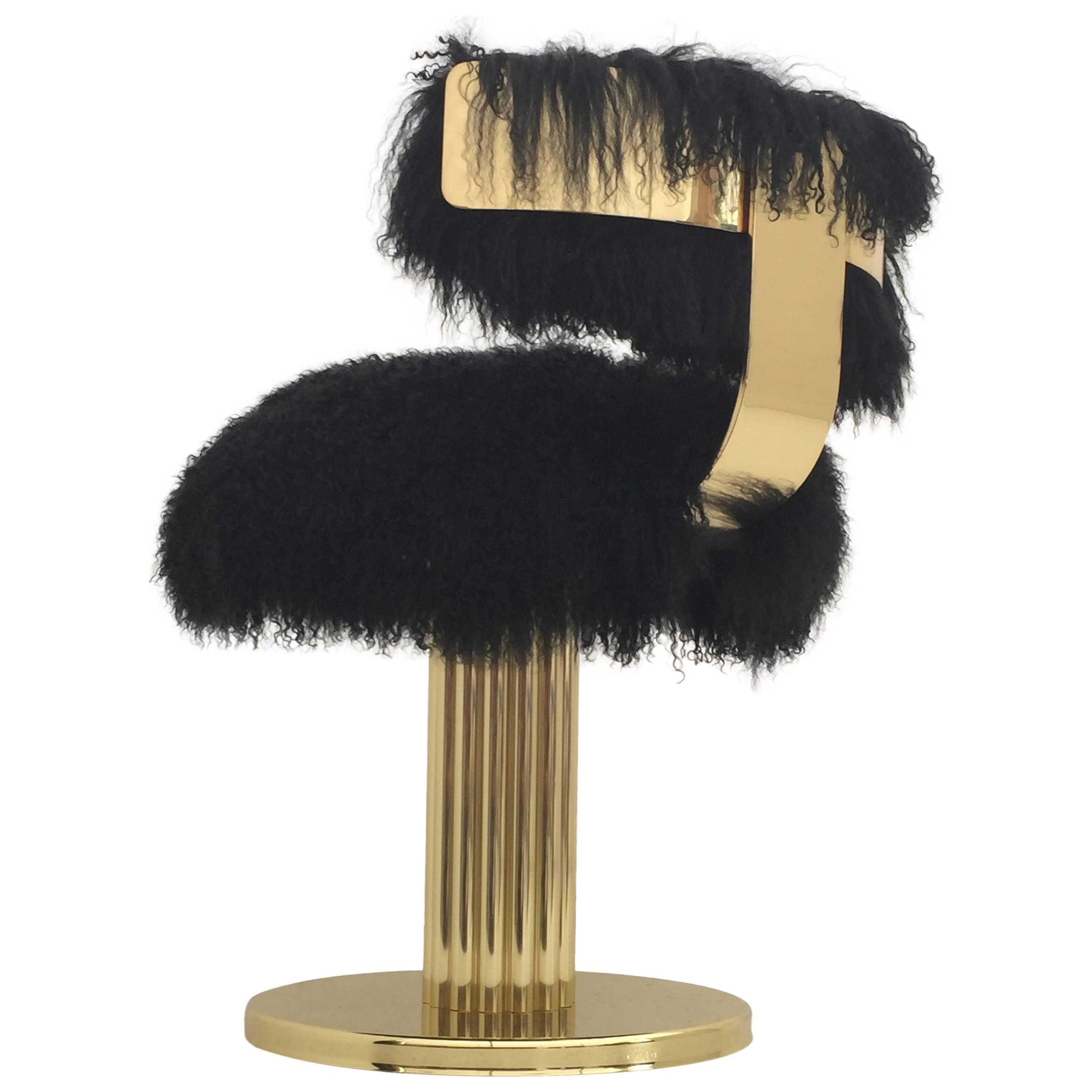 Brass Swiveling Vanity Chair in Black Mongolian Fur
