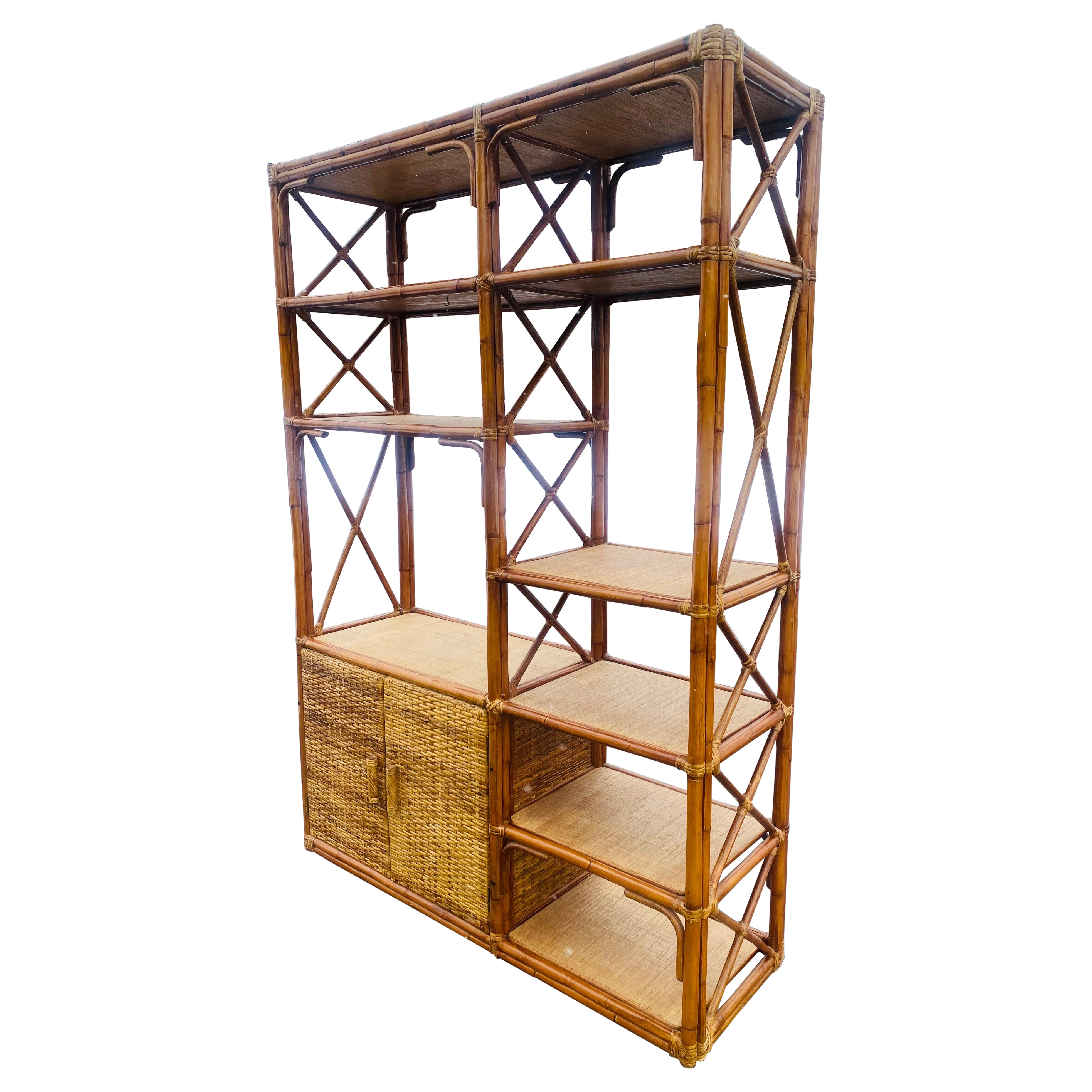 Handsome vintage coastal bamboo and rattan bookcase/shelving