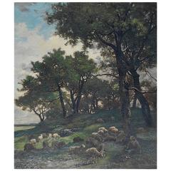 Charles Emile Jacque, Shepherdess Resting with Her Flock, Oil on Canvas, Signed
