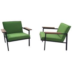 Pair of George Nelson Steel Frame Lounge Chairs Upholstered in Maharam Textile 