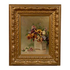French Framed Oil on Board Still-Life Painting Depicting Pansies, 19th Century