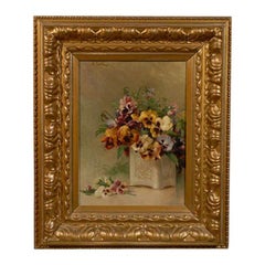 French Framed Oil on Board Still-Life Painting Depicting Pansies, 19th Century