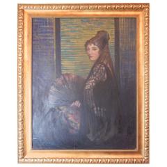Framed Oil Painting of a Lady with a Fan by Harold Cheney