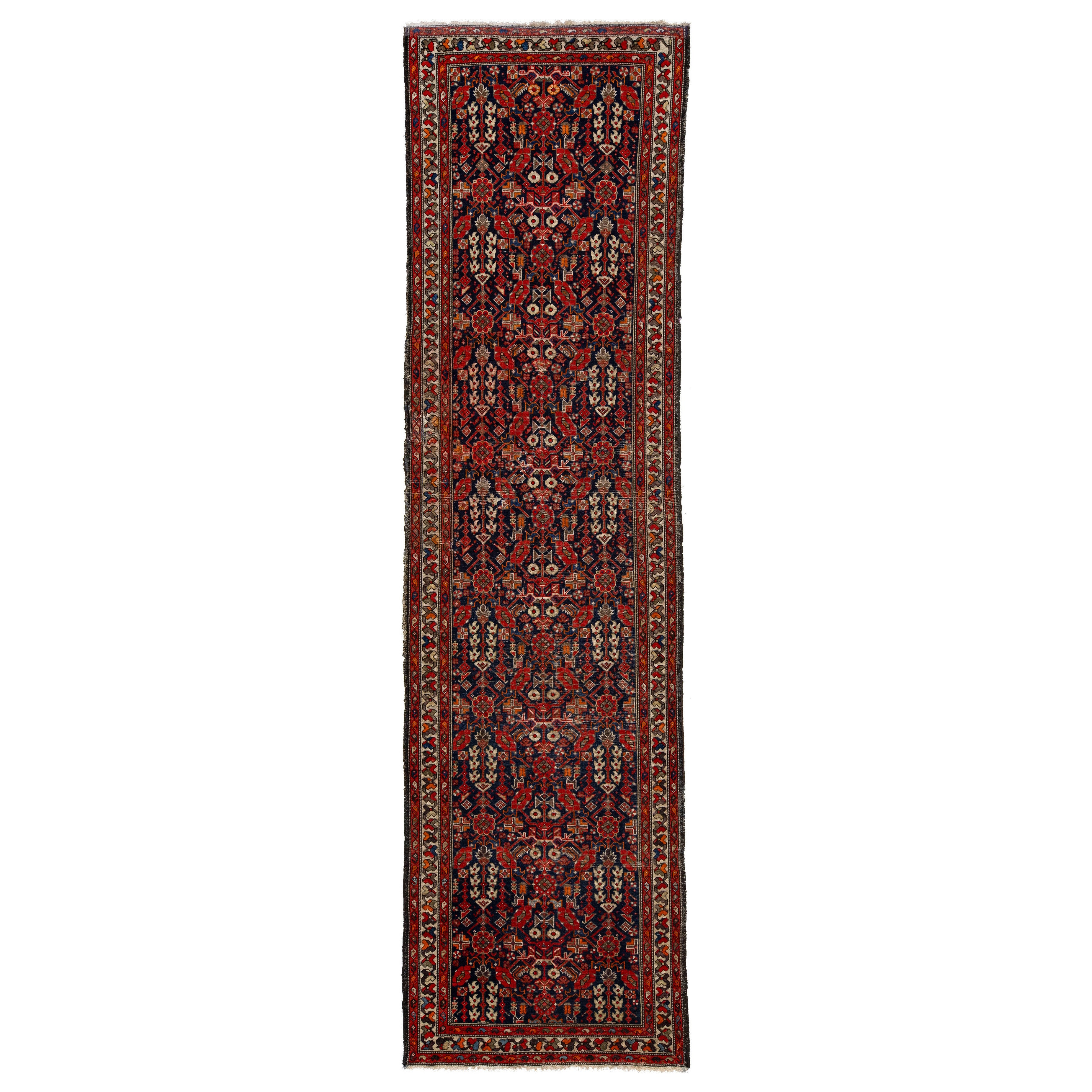 Floral Designed Antique Malayer Persian Blue Wool Runner
