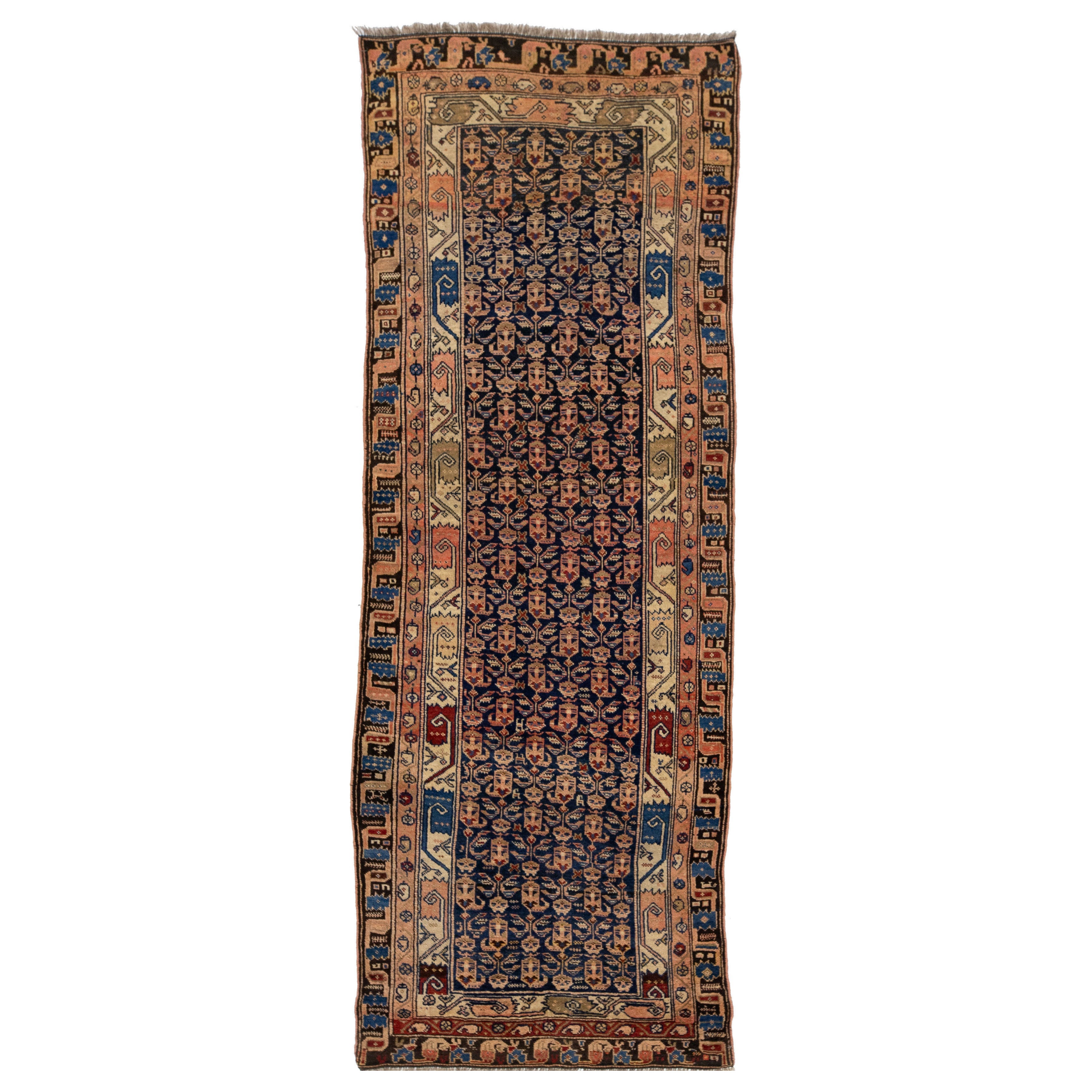 Antique Malayer Persian Blue Wool Runner with Boteh Design