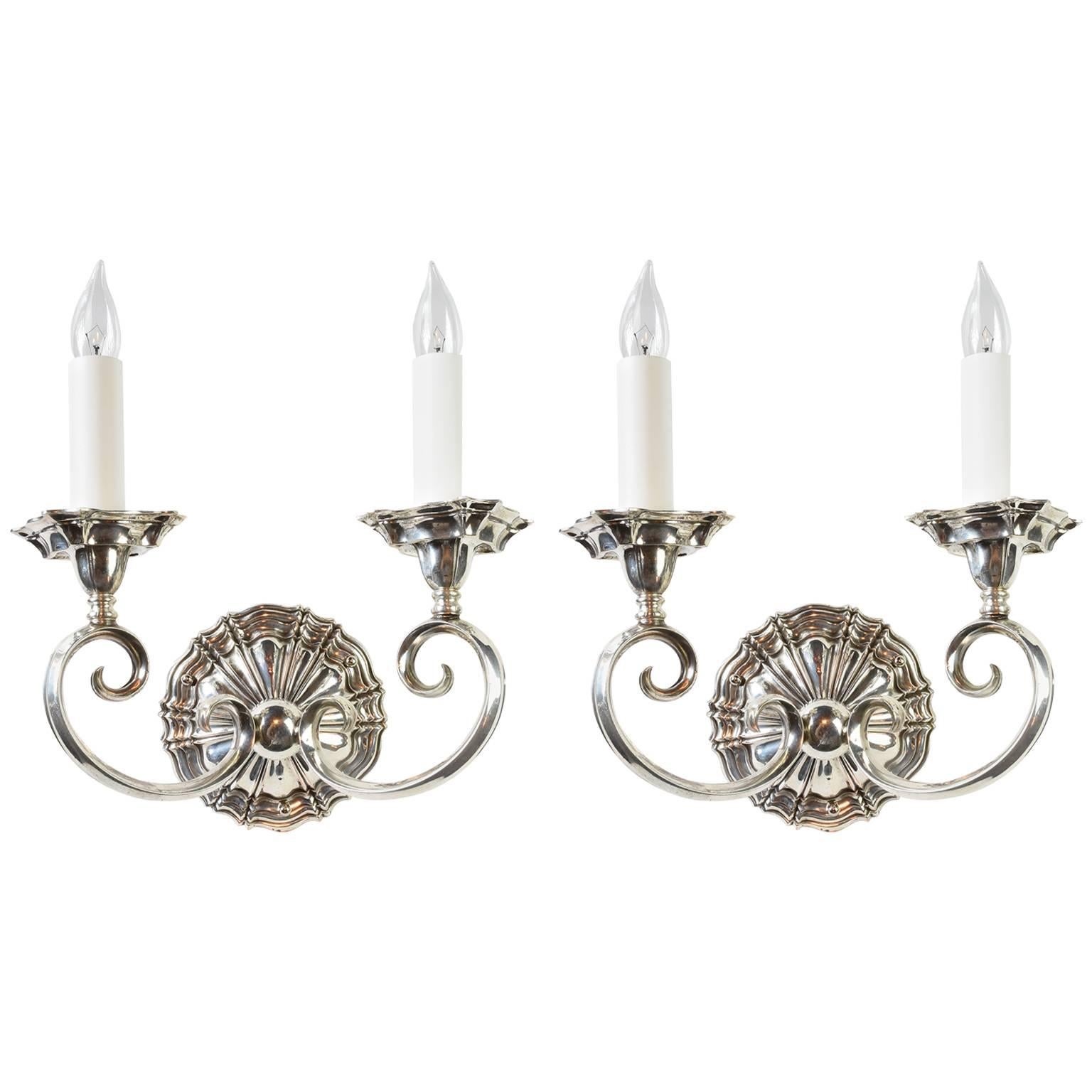 Magnificent EF Caldwell Silver over Bronze Two-Arm Sconce Pair